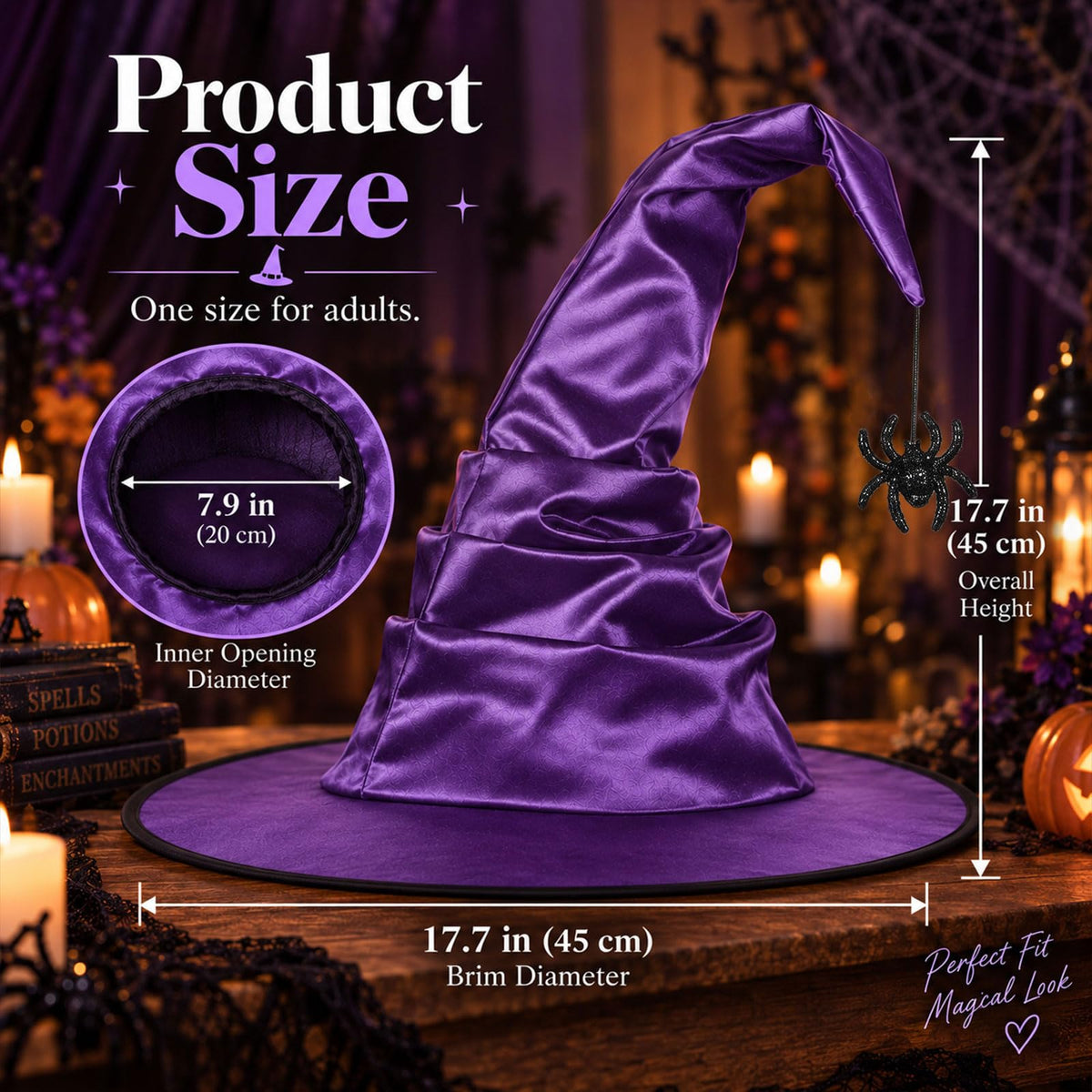 Purple Witch Hat for Adults with Spider, Satin Halloween Costume Hat