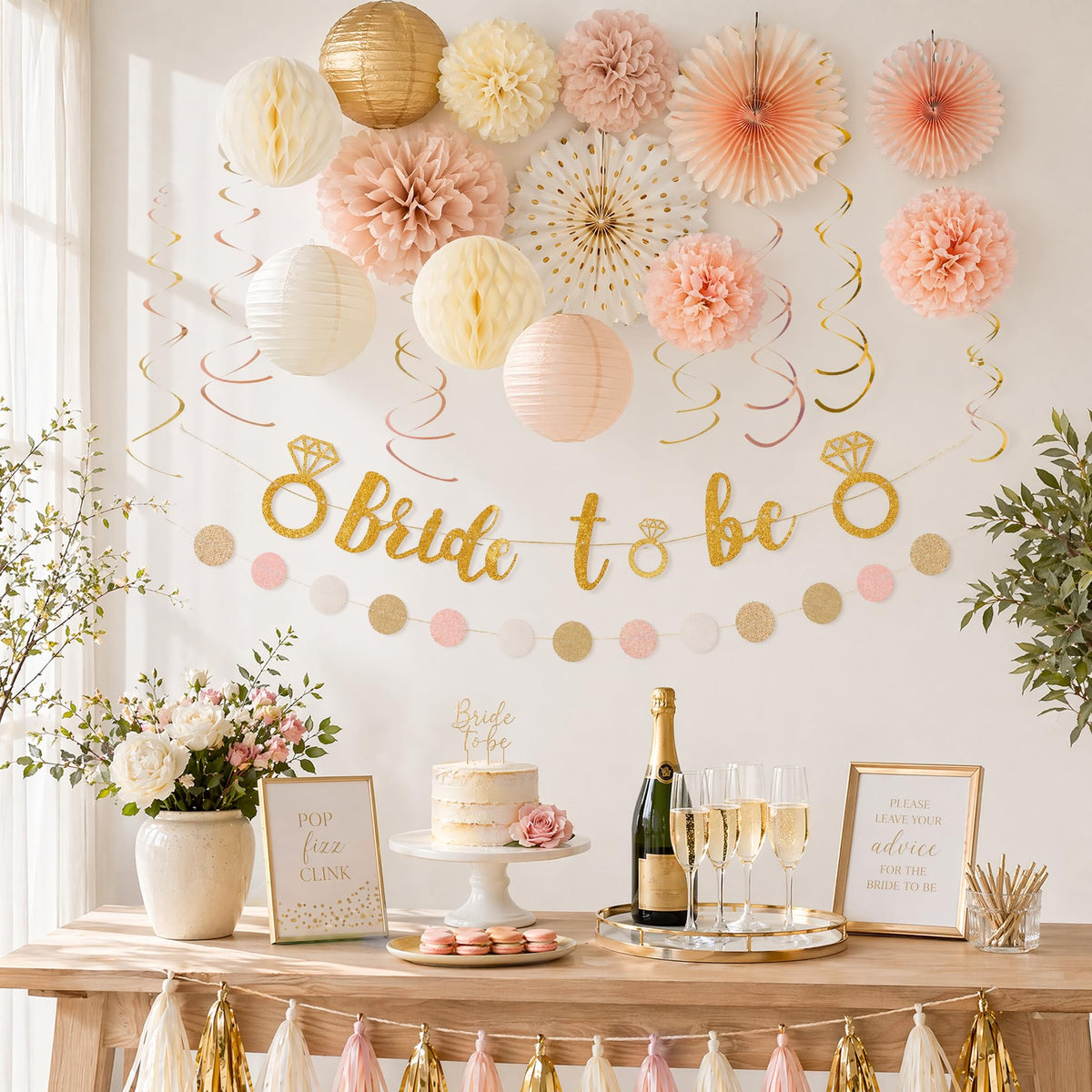 Champagne-Gold Bride to Be Decorations Kit - 26Pcs Elegant Dusty Pink Gold and Khaki Party Supplies with Pre-Strung Glittery Banner for Boho Bridal Shower, Engagement & Bachelorette Party