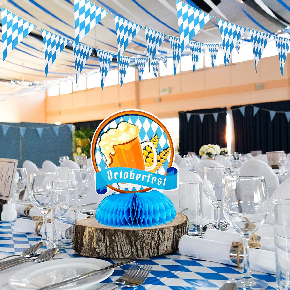 10 Pieces Oktoberfest Centerpieces with Honeycomb for Oktoberfest Party, Blue White Check Oktoberfest Table Decorations Ideal German Oktoberfest Bavarian Party Supplies