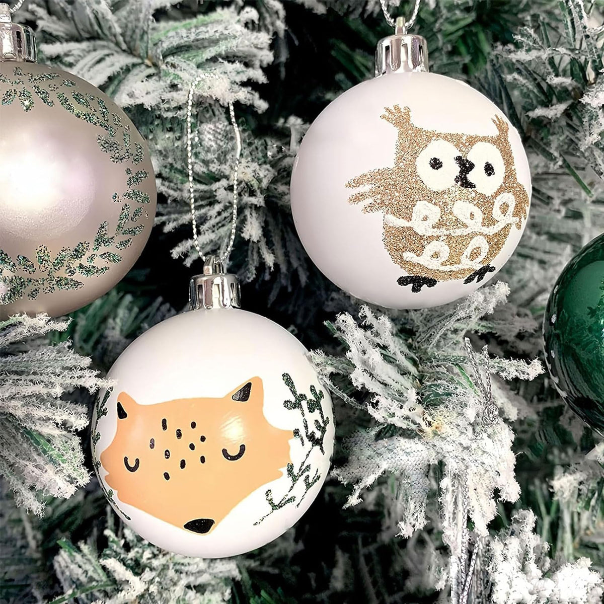 16Ct Green Christmas Ball Assorted Ornaments with Gift Boxes - 2.4" Glittery Christmas Tree Shatterproof Green Ball Decoration with Forest Theme Animals - Fox, Reindeer, Bear, Owl