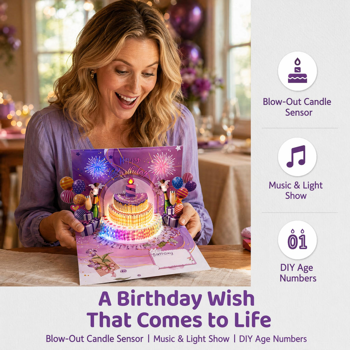3D Pop Up Blowable Musical Happy Birthday Card with Firework Sound Lights and Envelope, Interactive Purple Musical Birthday Card, Customizable Age Numbers 0-9 for Milestone Birthday Gift for Her Him