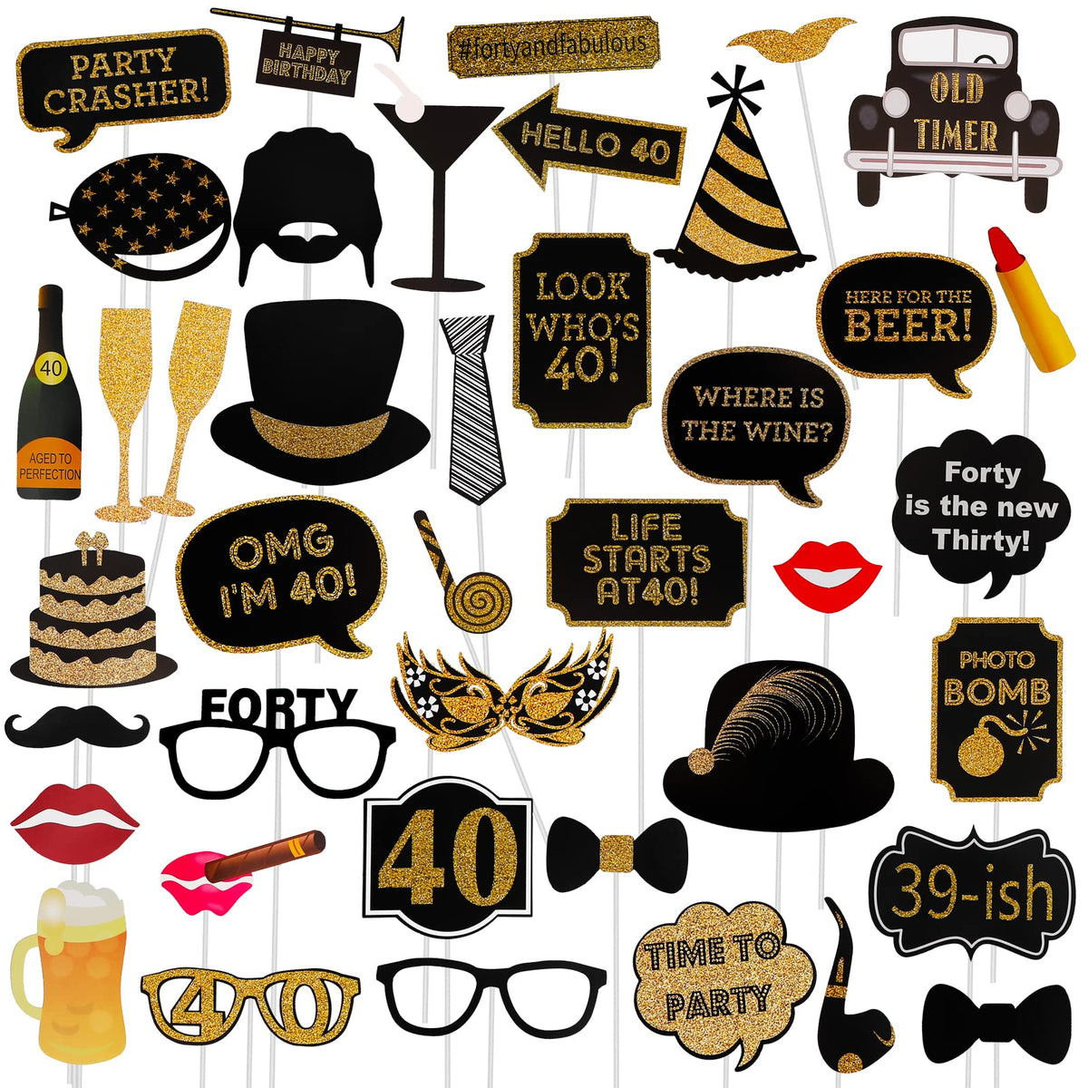 40th Birthday Photo Booth Props - 41 Pcs Black and Gold Decor, Funny Milestone Party Supplies for Men & Women, Retro 1986 Theme Selfie Station Accessories for Surprise Party, 40th Celebration Bash