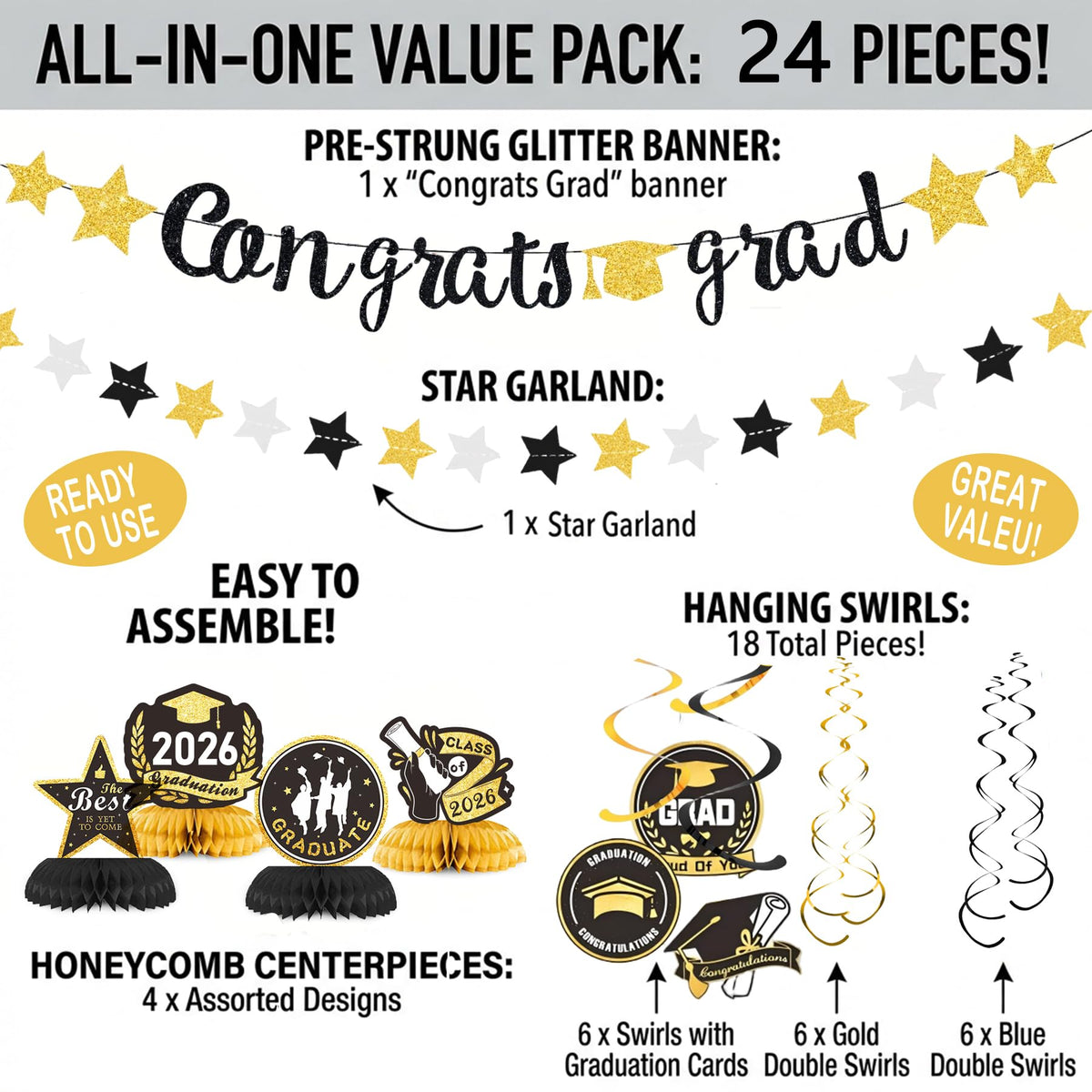 2026 Graduation Decorations,Congrats Grad Banner (Assembled) Gradutaion Centerpieces Grad Swirls with Black Gold Silver Star Garland, Class of 2026 Party Decorations,High School College