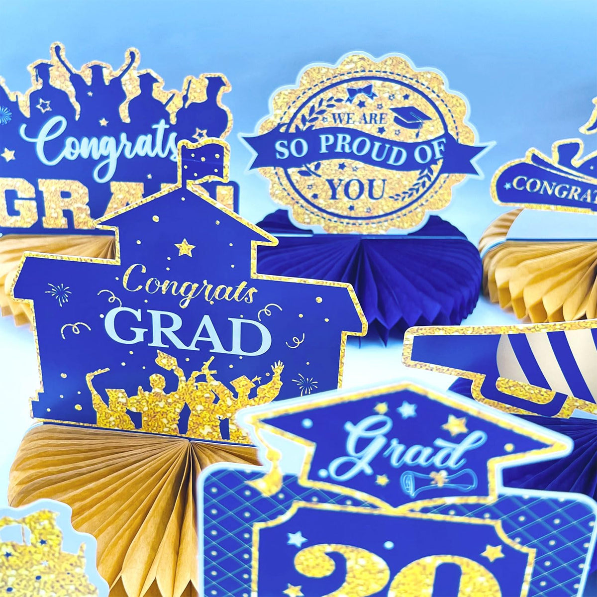 8 Pcs Blue and Gold Graduation Centerpieces for Tables 2026 - Class of 2026 Congrats Grad Party Decorations Supplies Table Toppers, Navy Blue Graduation Honeycomb Centerpieces for College High School
