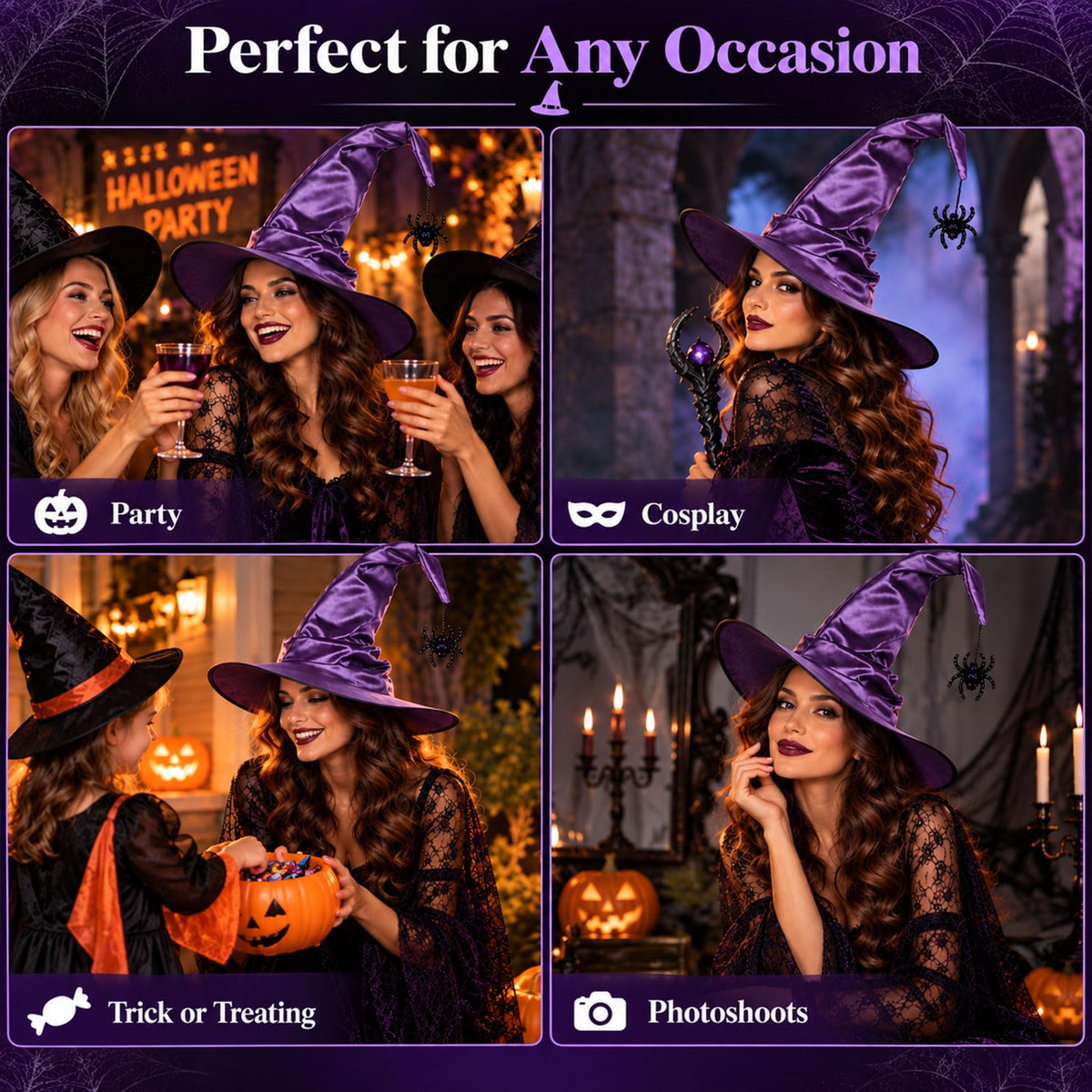 Purple Witch Hat for Adults with Spider, Satin Halloween Costume Hat