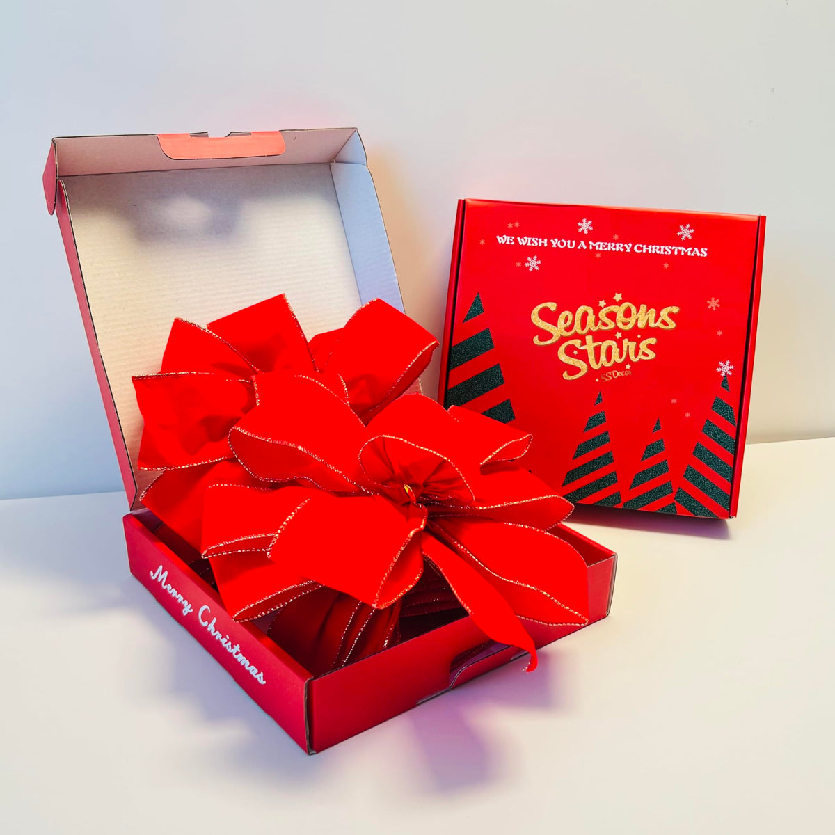 2 Pcs Red Velvet Christmas Tree Bows - Gold Wired Long Tails Christmas Tree Topper with Colorful Gift Box, Ideal for Wreath Floral Decoration, Wedding Birthday Holiday Party