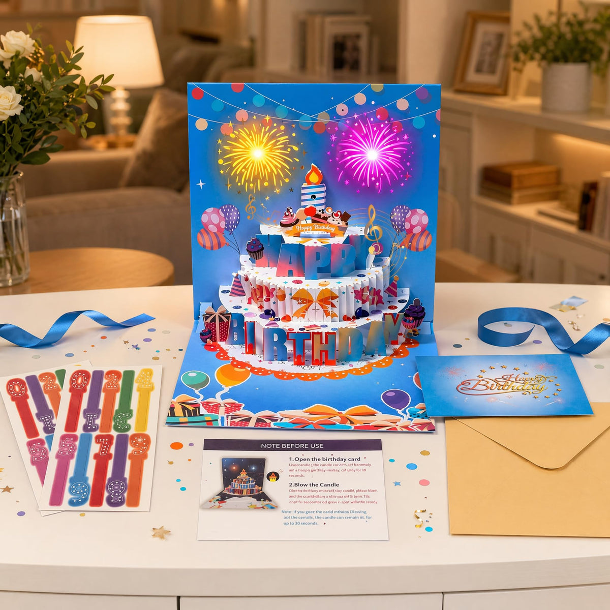 3D Pop Up Musical Birthday Card with Blow-Out Candle & Flashing LED Fireworks Lights, Interactive Light Up Happy Birthday Card with DIY 0-9 Age Numbers & Envelope, 7x7 Inch Large Greeting Card