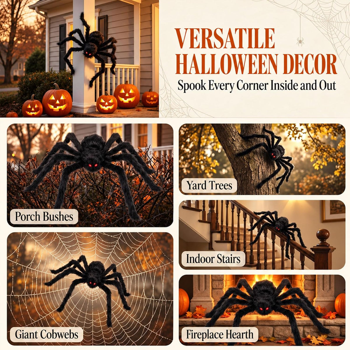 Halloween Black Spider Decorations 2 Pack Red Eyes Fuzzy Posable Legs