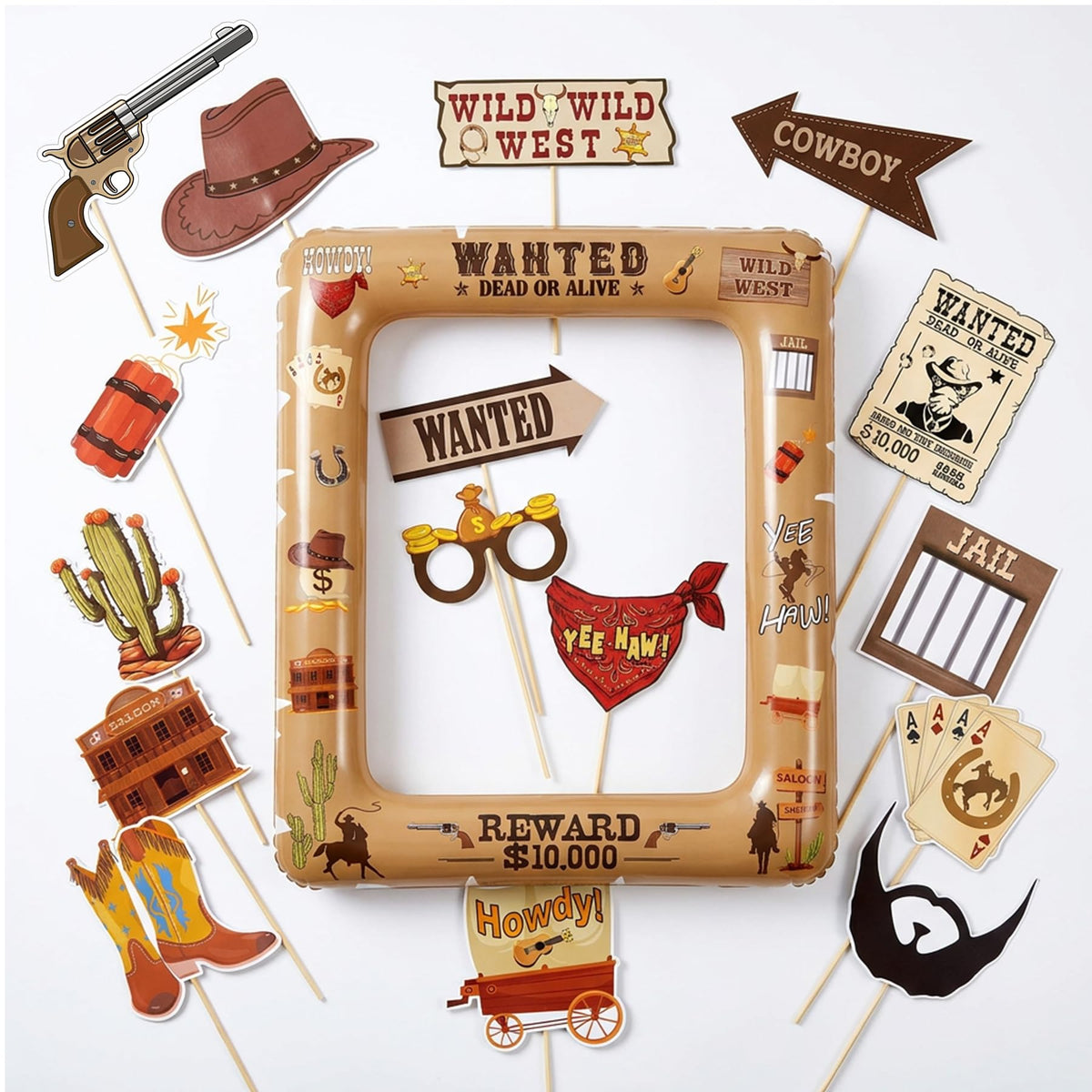 Western Cowboy Photo Booth Props 16 Pcs with Inflatable Selfie Frame, Wild West Party Decorations, Cowgirl Wanted Sign Picture Frame with Sticks for Rodeo Birthday Baby Shower Country Party
