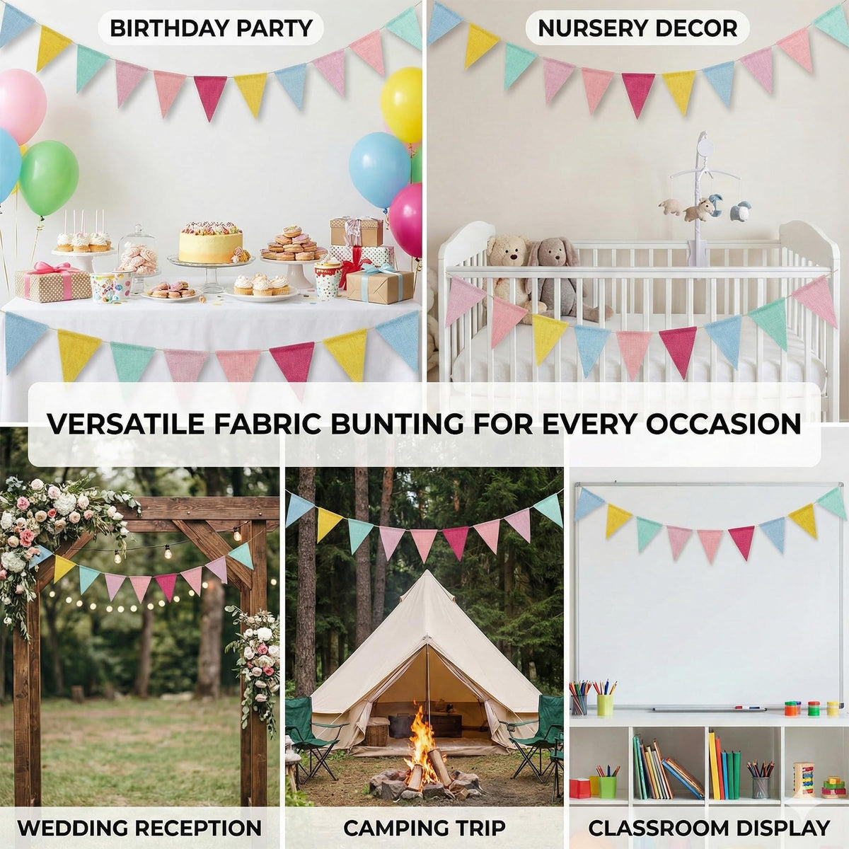 32.8ft Colorful Triangle Bunting Banner - 48Pcs Colorful Pennant Banner Flags (6 Colors), Pastel Linen Pennants for Birthday Easter, Nursery Room, Classroom,School, Carniva,lWedding,Garden Decor