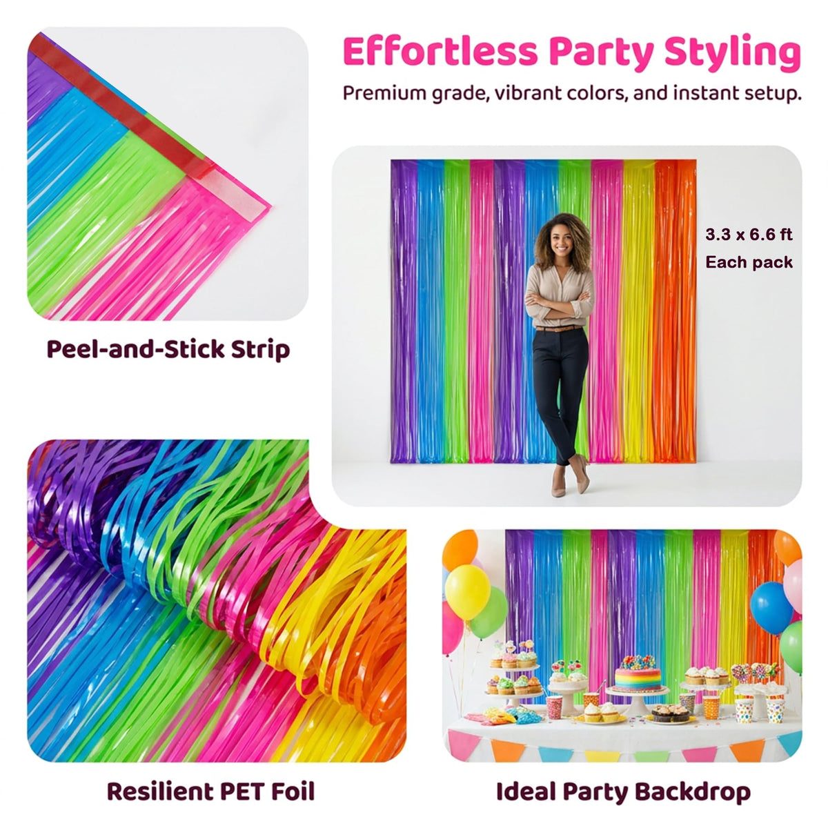 4 Pack Glow Party Decorations Neon Rainbow Foil Fringe Curtain Backdrop