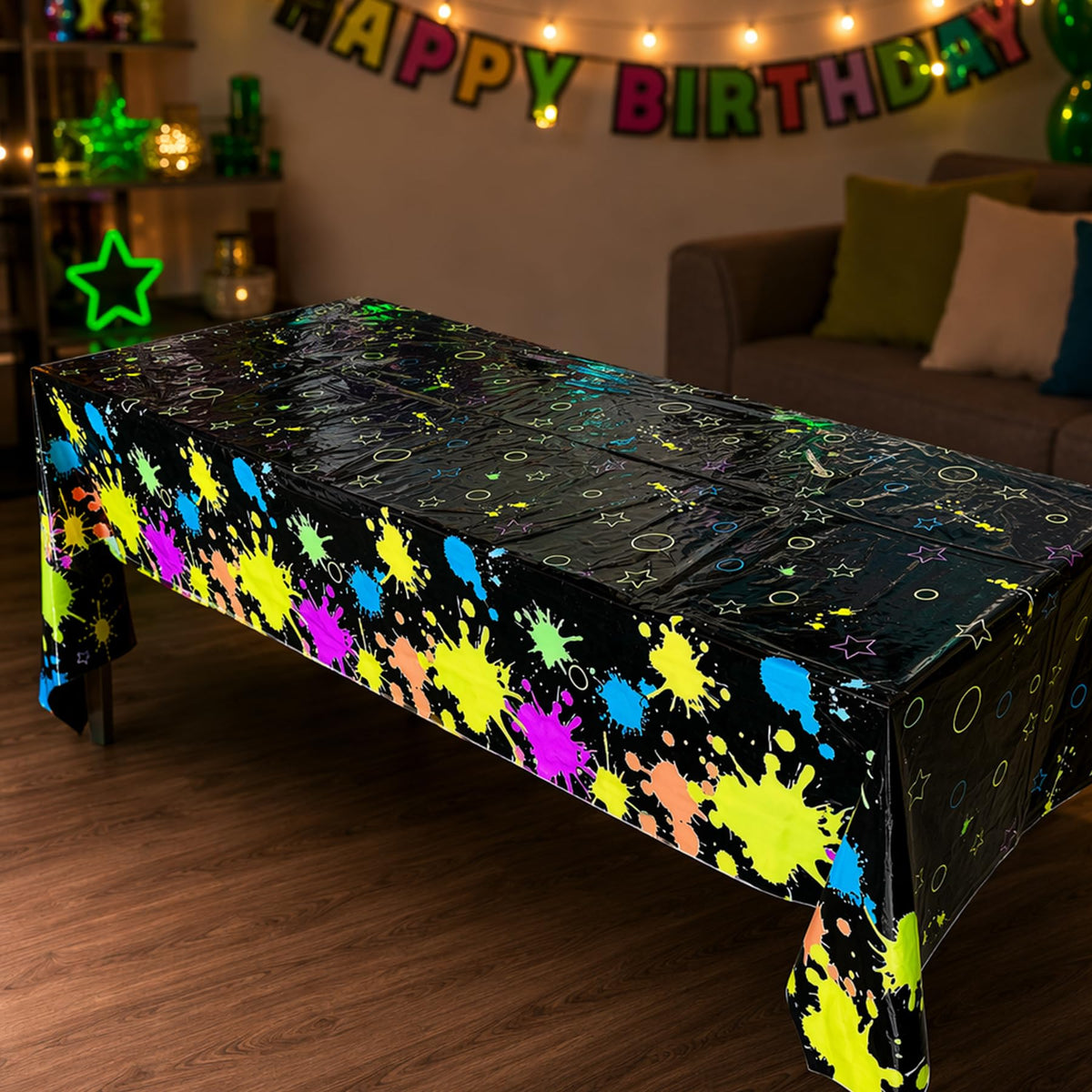 2 Pack Neon Paint Splatter Glow in the Dark Plastic Tablecloth 54x108 Inch