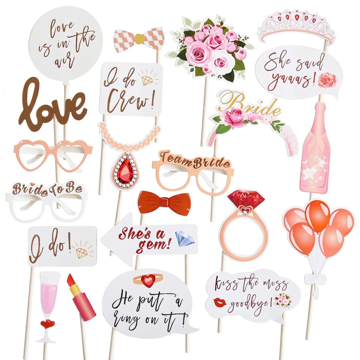 Bachelorette Party Photo Booth Props-23 Pcs, Water-Resistant Rose Gold Bridal Shower Decorations Wedding Photo Booth Props, Funny Team Bride Selfie Signs Glasses for Engagement Hen Do Wedding