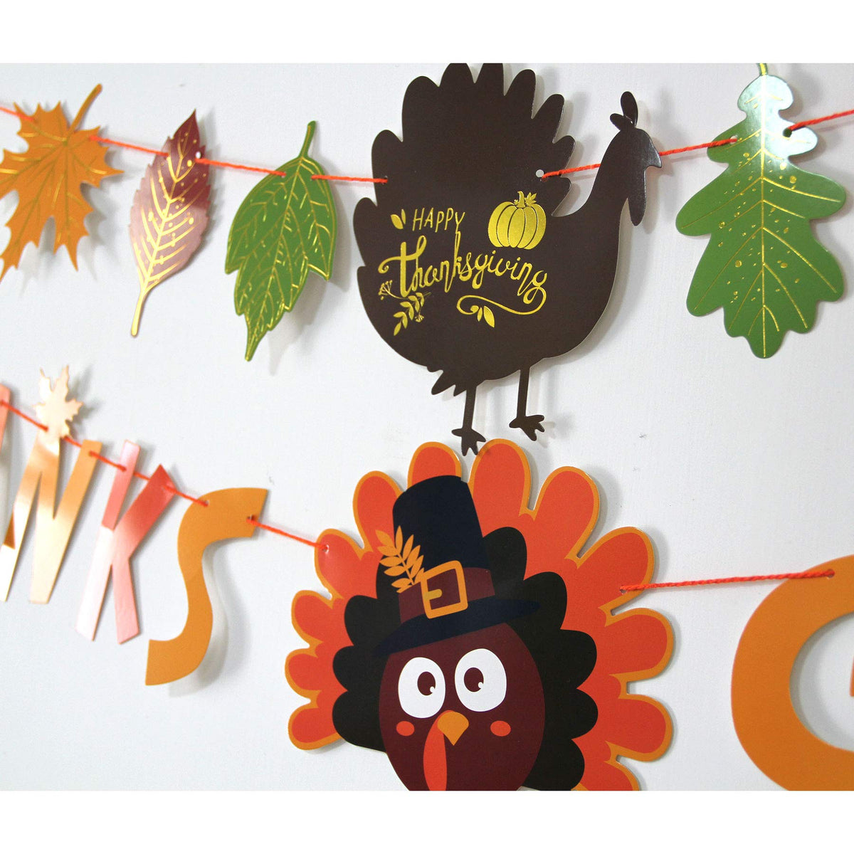 Thanks Giving Banners(Pre-Assembled)Fall Maple Leaves Pumpkins Turkeys Banner for Thanksgiving Day, Happy Thanksgiving Fall Party Sign Banner Garland Decoration for Mantle Dinner Table Fireplace