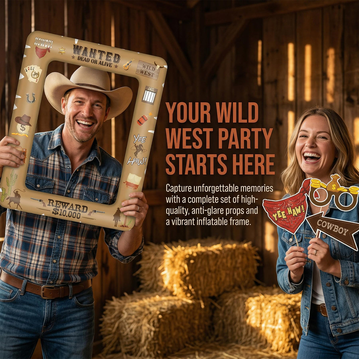 Western Cowboy Photo Booth Props 16 Pcs with Inflatable Selfie Frame, Wild West Party Decorations, Cowgirl Wanted Sign Picture Frame with Sticks for Rodeo Birthday Baby Shower Country Party