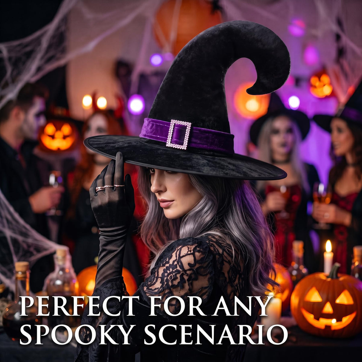 Halloween Black Velvet Witch Hat with Purple Band and Buckle