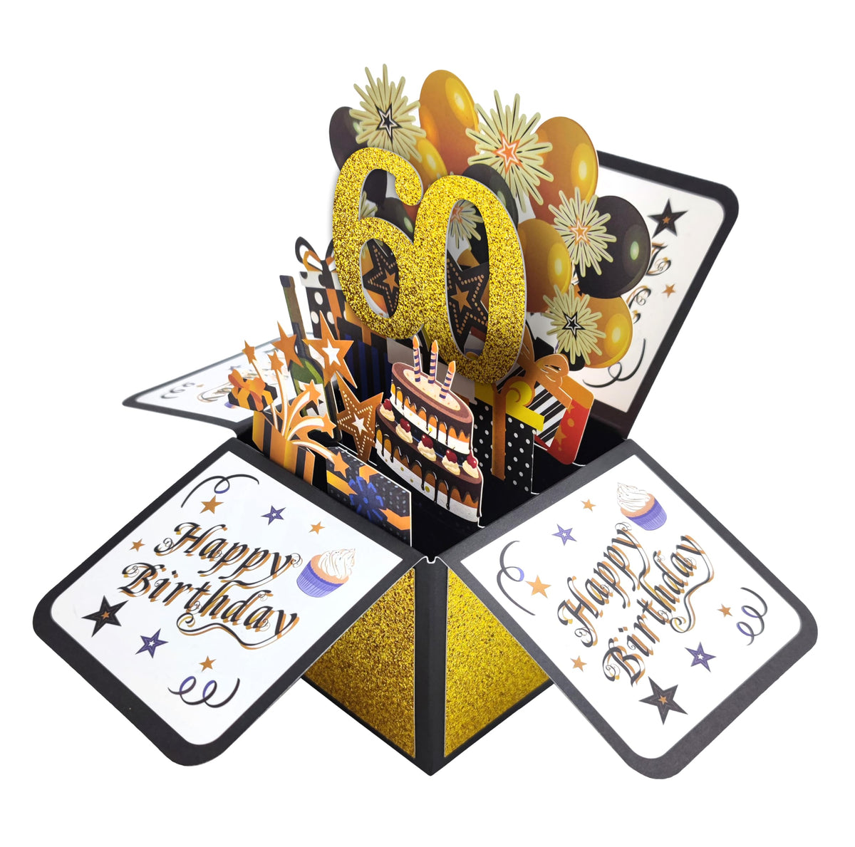 Glittery Gold 3D 60th Birthday Pop Up Card with Envelope - Gold and Black Happy 60th Birthday Greeting Card, Perfect Congratulation Card and Personalized Gift for 60th Birthday Party