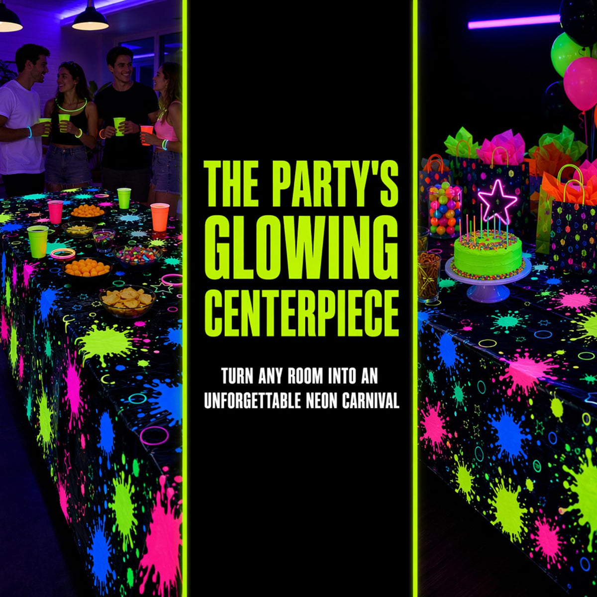 2 Pack Neon Paint Splatter Glow in the Dark Plastic Tablecloth 54x108 Inch