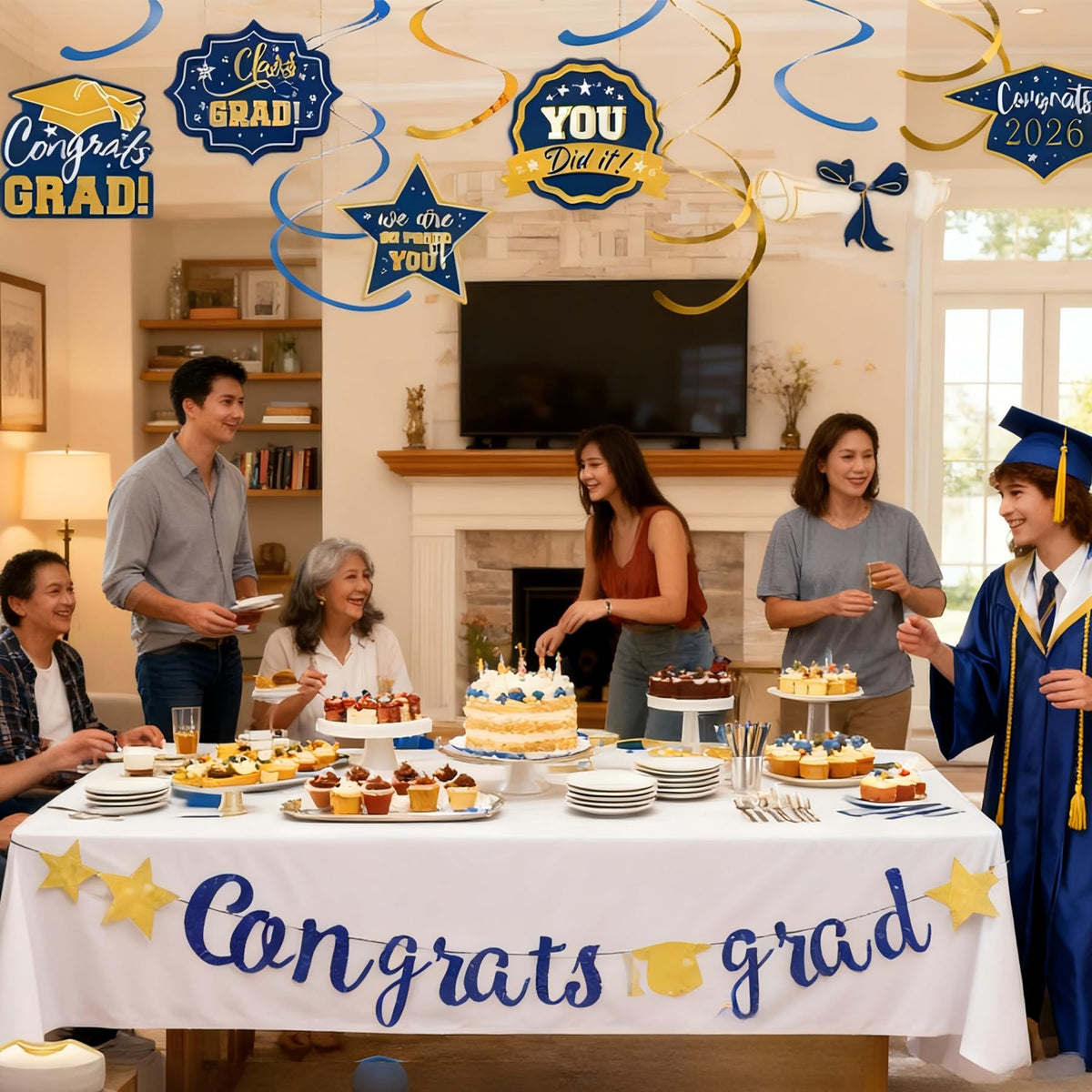 Graduation Party Decorations 2026, Blue and Gold Glitter Congrats Grad Pre-Strung Banner & Star Garlands, 24PCS Class of 2026 Hanging Swirls & Honeycomb Centerpieces for High School/College Grad Decor