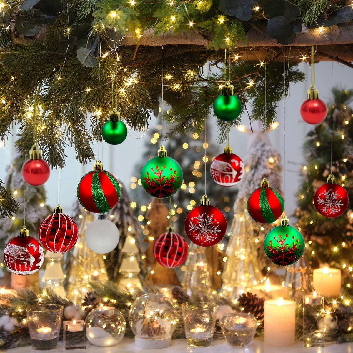 44Ct Red Green Christmas Tree Ball Assorted Ornaments Pendants, 2.4" Christmas Shatterproof Shine Ball Decoration for Christmas Tree Holiday