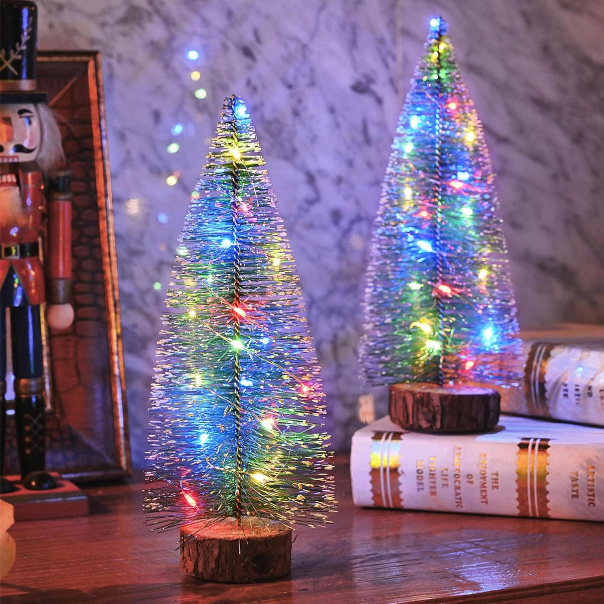 Artificial Mini Christmas Tree, Tabletop Pre-Lit Snow Frosted Xmas Tree with Wooden Bases, Best DIY Christmas Decorations for Office Table Home Xmas Holiday Party