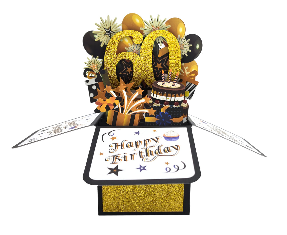 Glittery Gold 3D 60th Birthday Pop Up Card with Envelope - Gold and Black Happy 60th Birthday Greeting Card, Perfect Congratulation Card and Personalized Gift for 60th Birthday Party