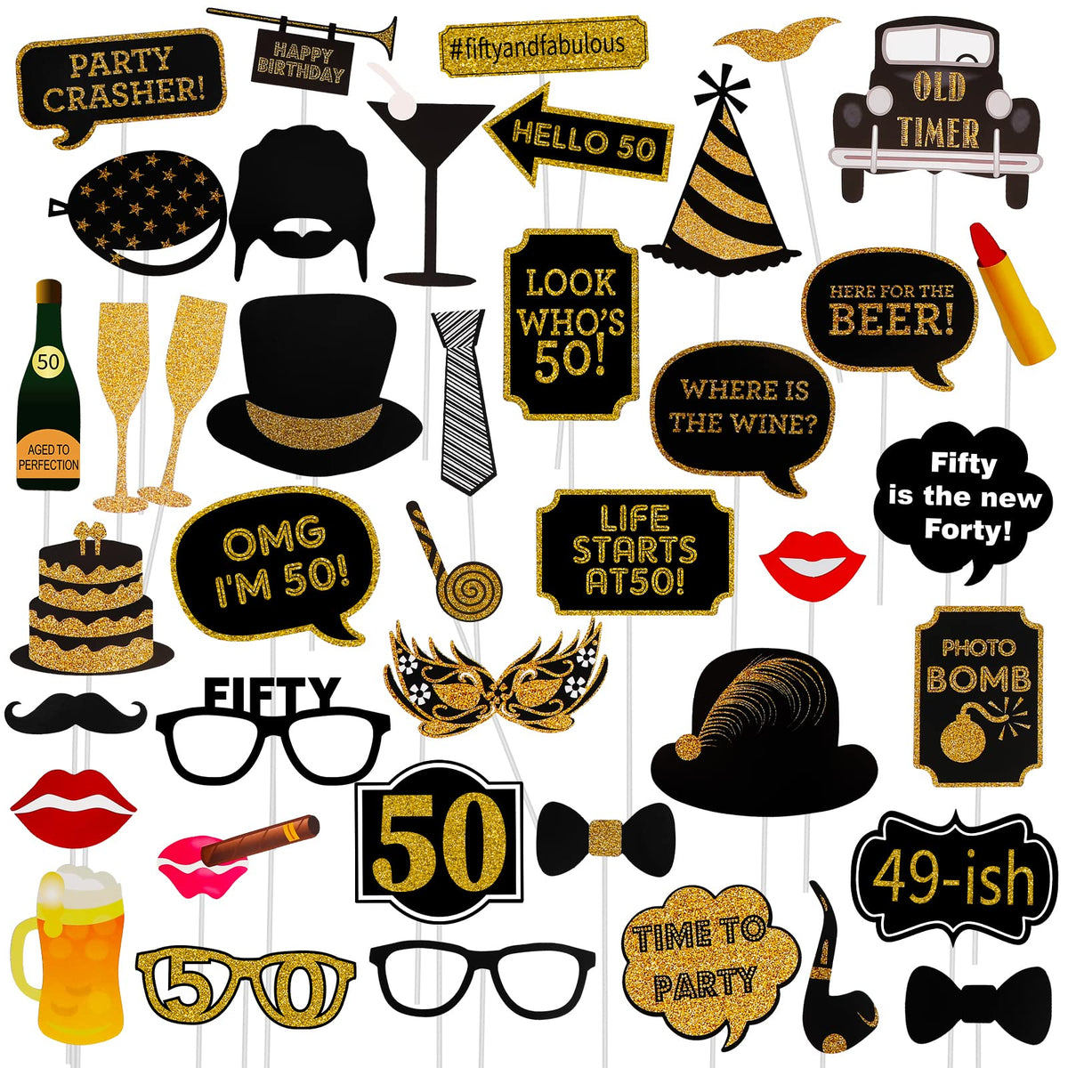 50th Birthday Photo Booth Props - 41 Pcs Black and Gold Funny Birthday Party Decorations for Men & Women, Fifty and Fabulous Anniversary Party Supplies,50th Printed Gold Glitter Selfie Props Kit