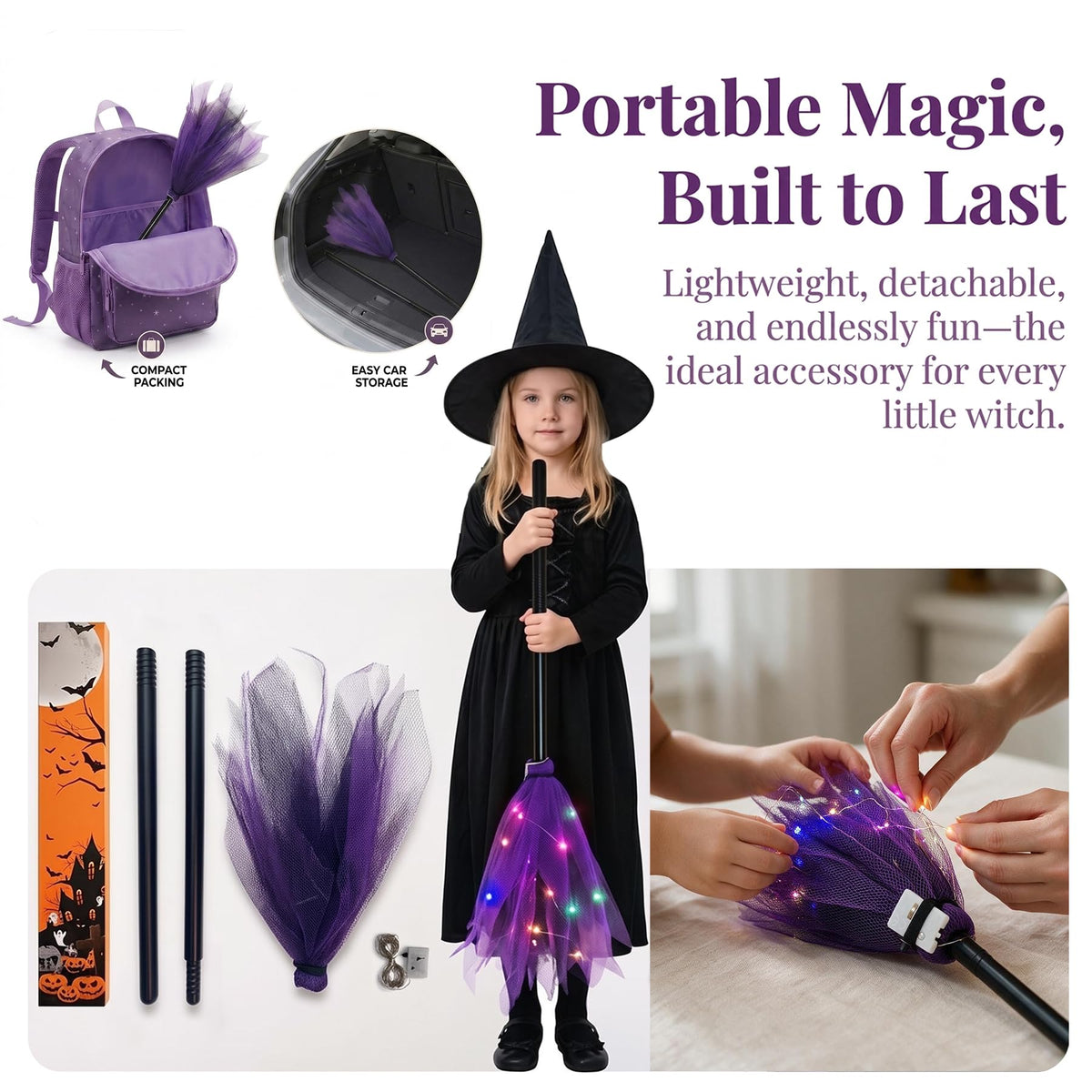 Light Up Witch Broom Halloween Prop Lighted Purple Tulle Broomstick for Kid