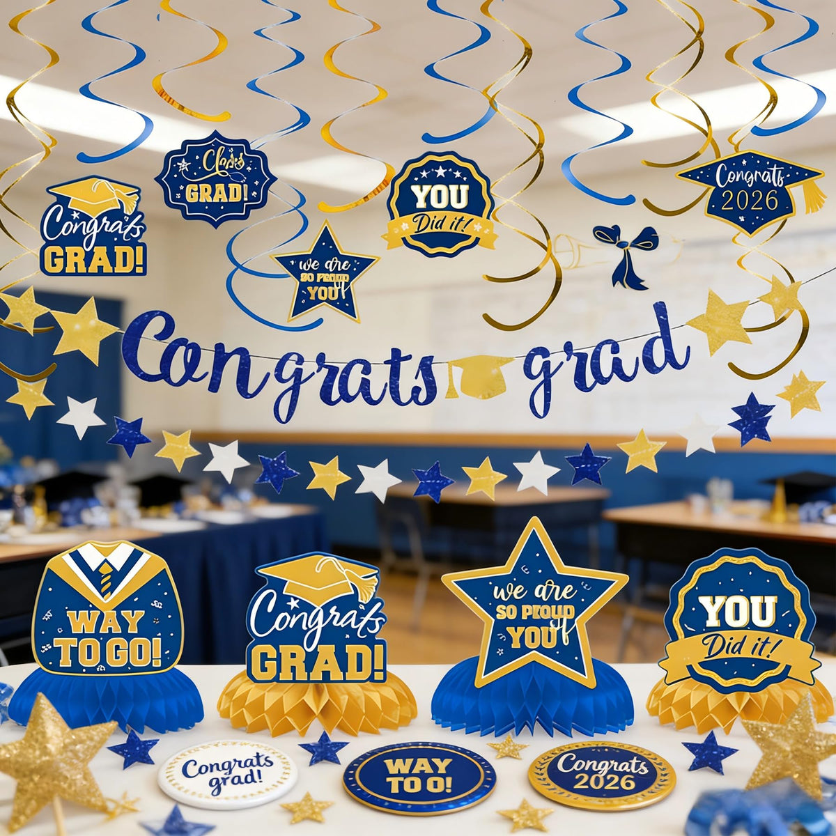 Graduation Party Decorations 2026, Blue and Gold Glitter Congrats Grad Pre-Strung Banner & Star Garlands, 24PCS Class of 2026 Hanging Swirls & Honeycomb Centerpieces for High School/College Grad Decor