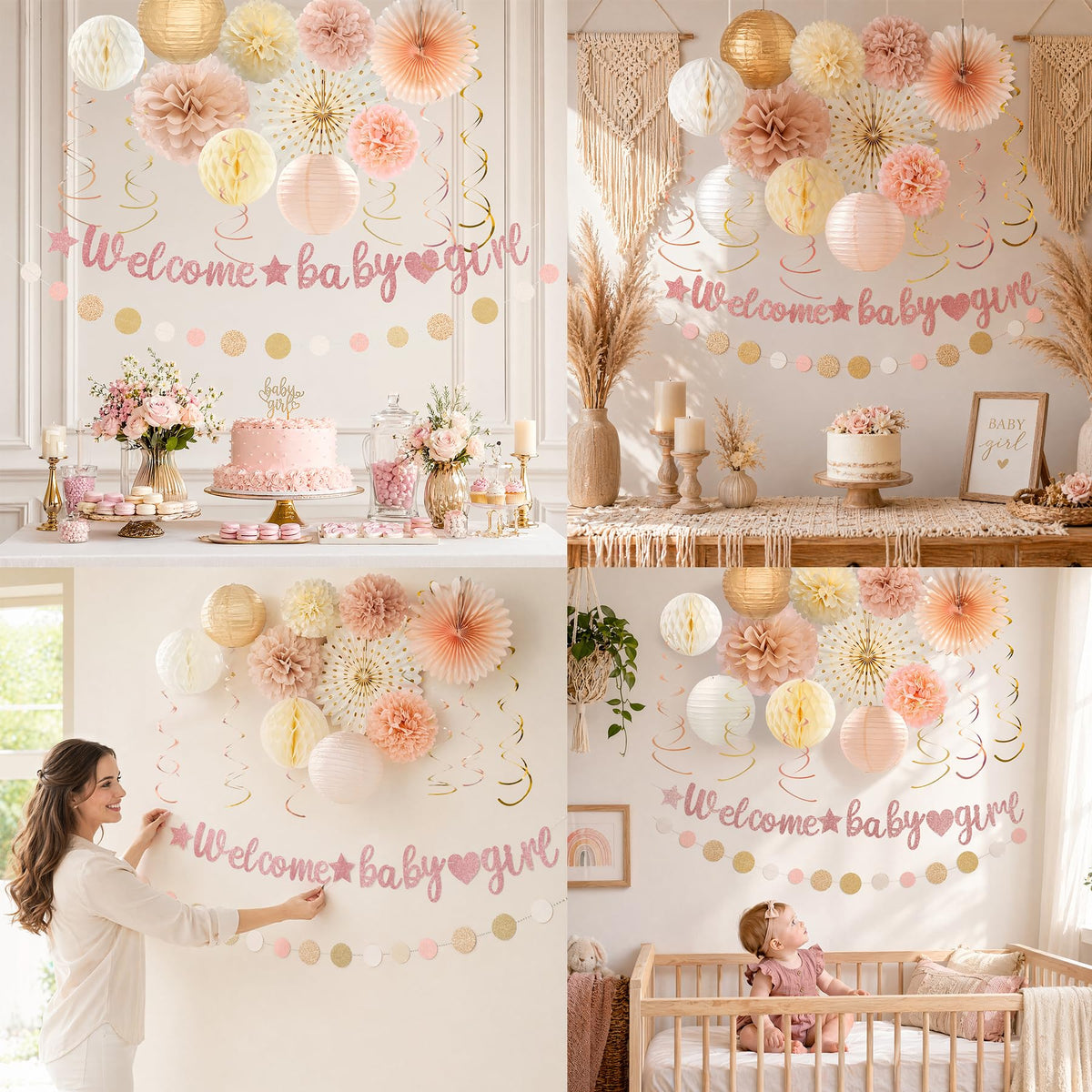 Champagne-Gold Welcome Baby Girl Party Decorations Kit-26 Piece- Glittery Banner,Peach and Cream Yellow Color Scheme Paper Decorations, Girl Baby Shower 1st Birthday Party Supplies
