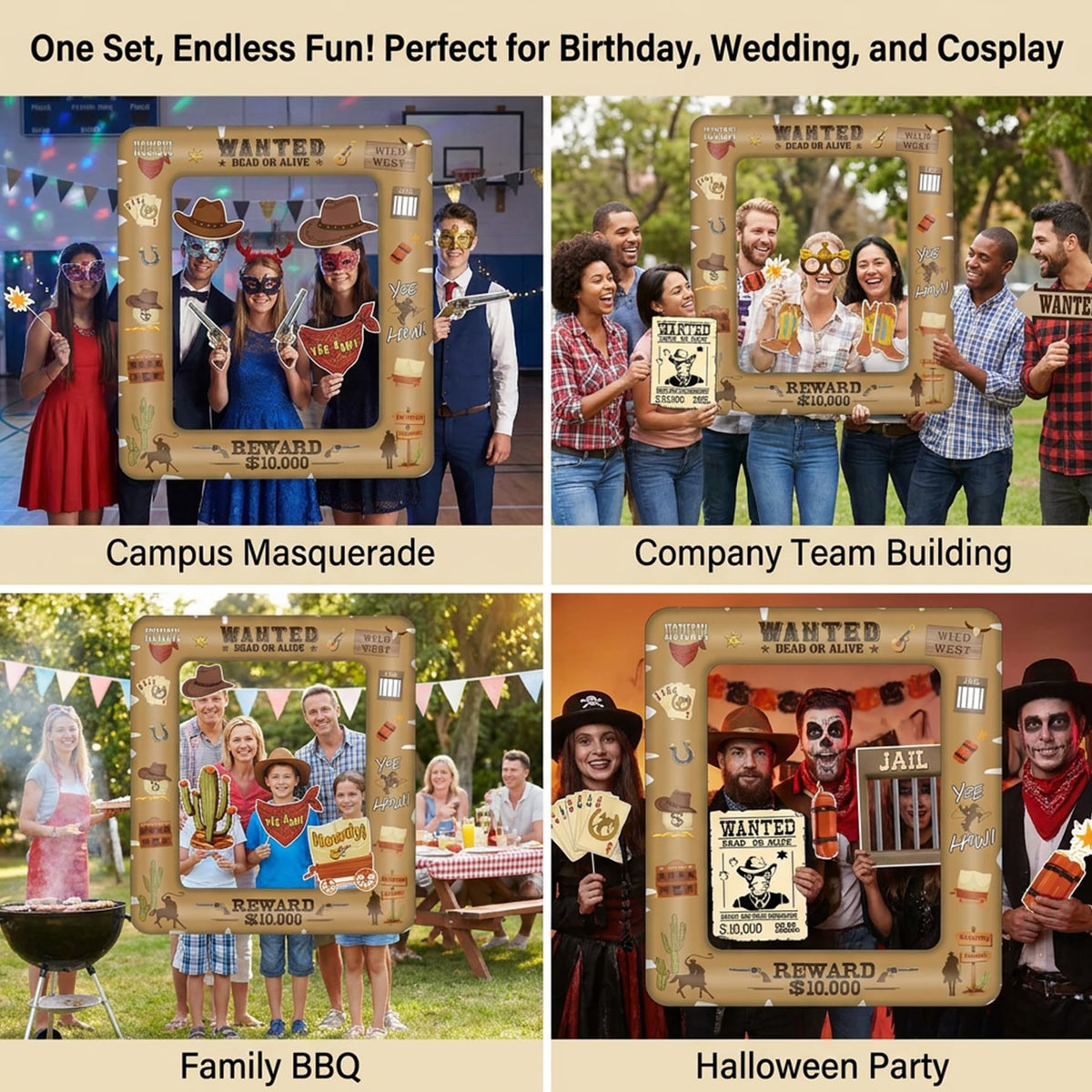 Western Cowboy Photo Booth Props 16 Pcs with Inflatable Selfie Frame, Wild West Party Decorations, Cowgirl Wanted Sign Picture Frame with Sticks for Rodeo Birthday Baby Shower Country Party