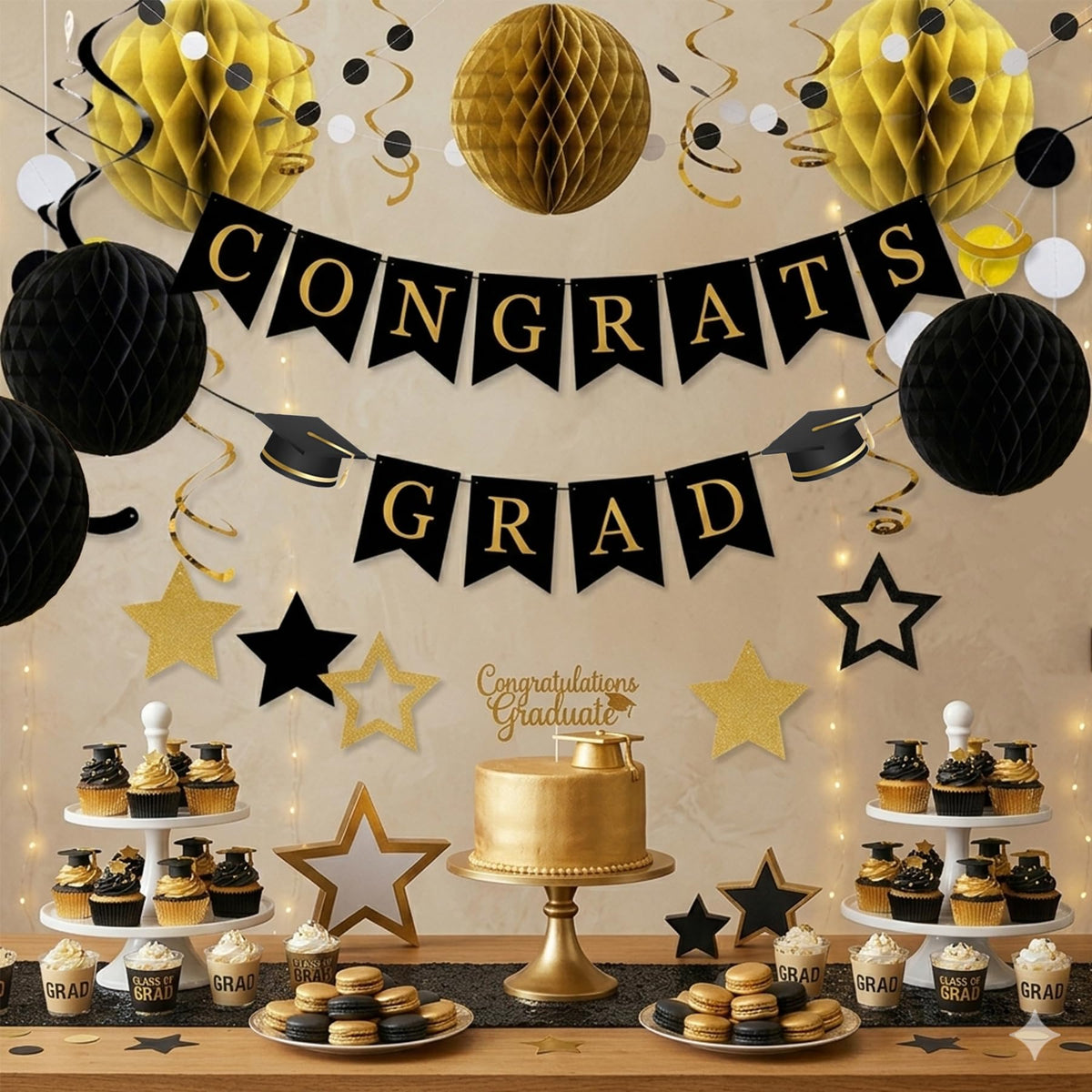 Graduation Decorations 2026-17Pcs Black and Gold Graduation Party Supplies, Congrats Grad Banner, Honeycomb Balls, Grad Hanging Swirls, Star Garlands - Class of 2026 Decor for College, High School