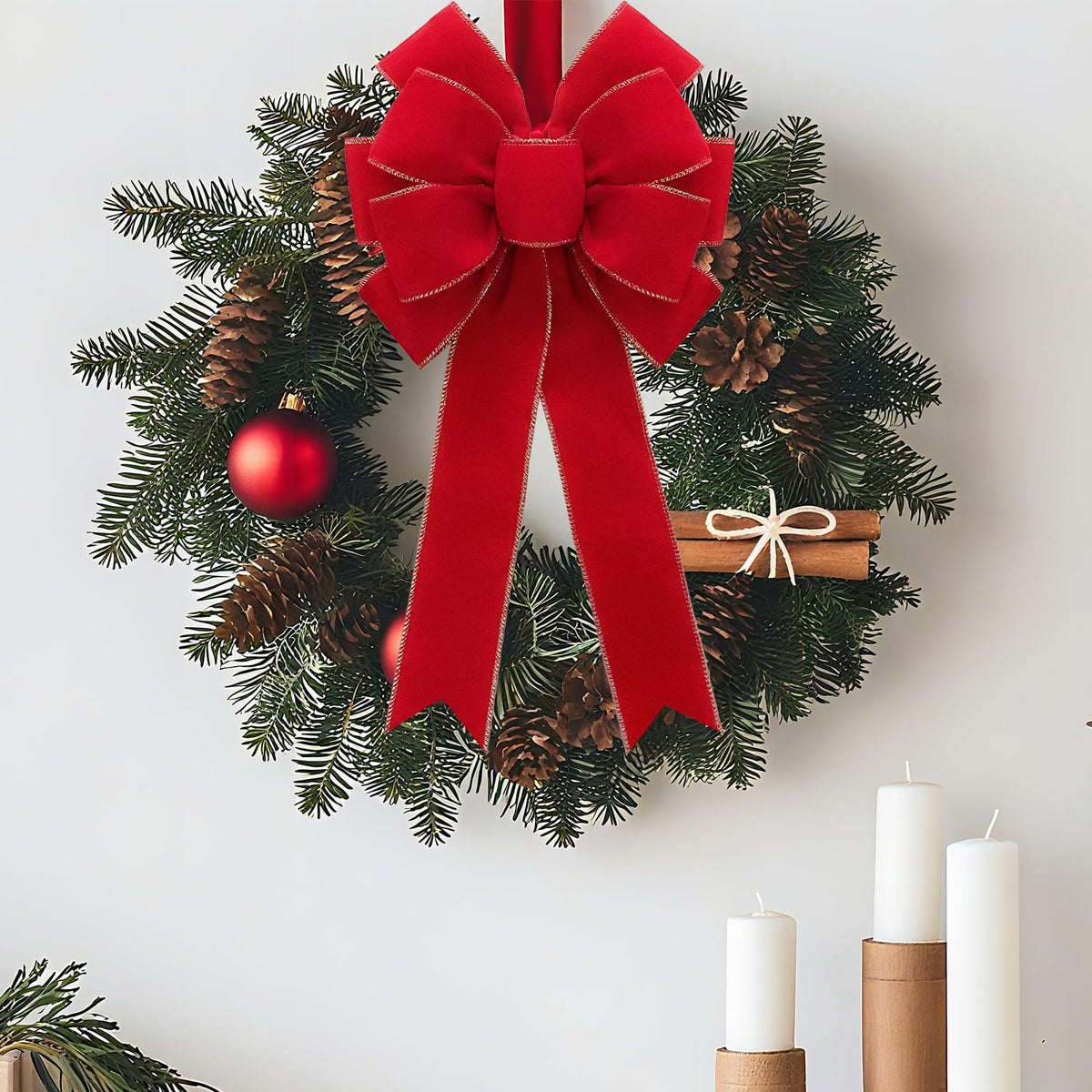 2pcs 20-Inch Velvet Red Bows for Christmas Tree, Handmade Christmas Bow Tree Topper-Gold Wire-Fluffy Sturdy Shape-Retaining, Gift Boxed & Ready-to-Use for Wreath Floral Fireplace Outdoor Car Garden
