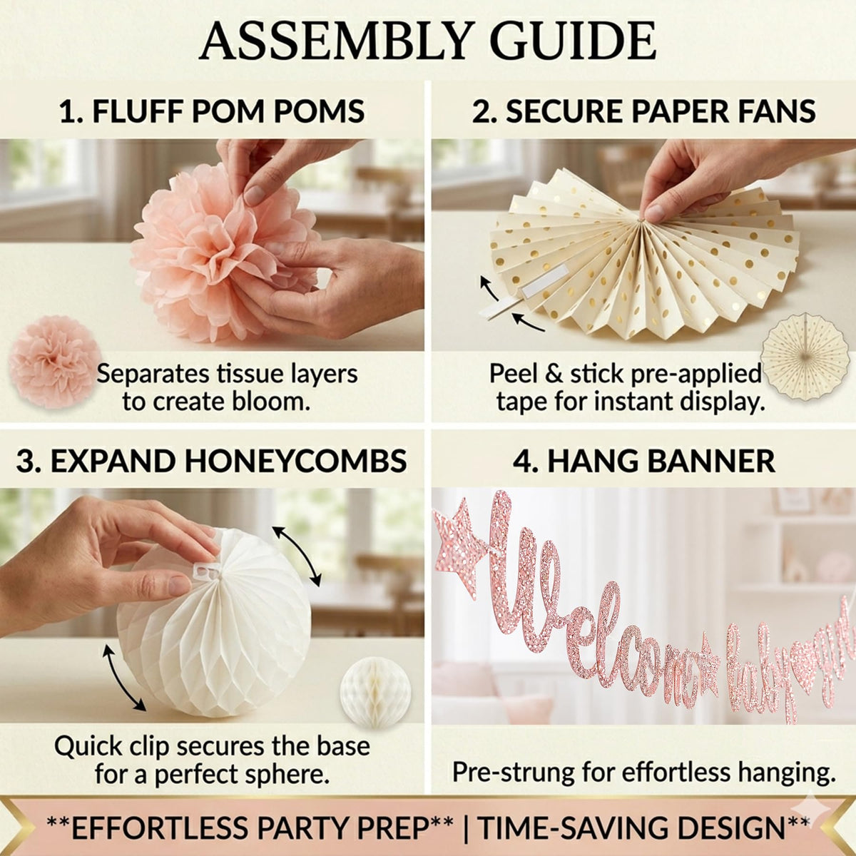 Champagne-Gold Welcome Baby Girl Party Decorations Kit-26 Piece- Glittery Banner,Peach and Cream Yellow Color Scheme Paper Decorations, Girl Baby Shower 1st Birthday Party Supplies