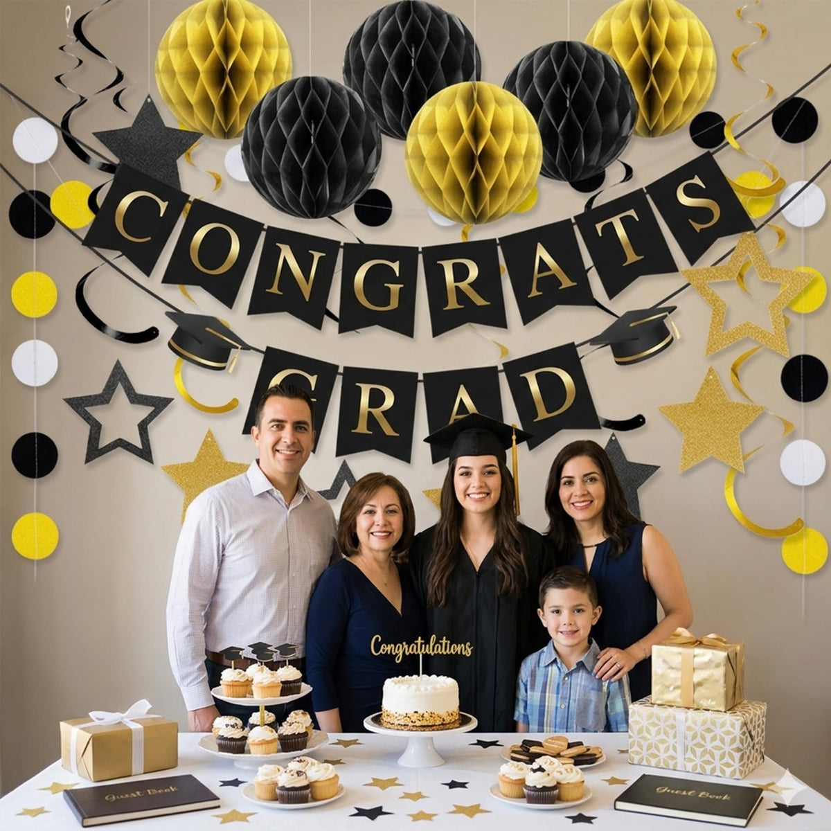 Graduation Decorations 2026-17Pcs Black and Gold Graduation Party Supplies, Congrats Grad Banner, Honeycomb Balls, Grad Hanging Swirls, Star Garlands - Class of 2026 Decor for College, High School