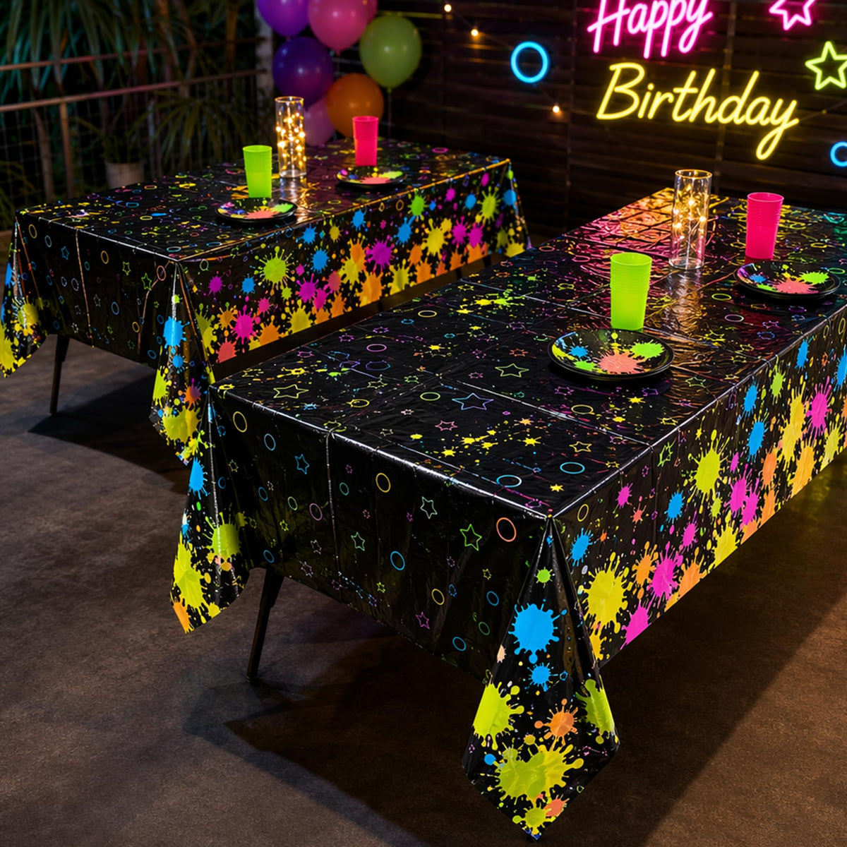 2 Pack Neon Paint Splatter Glow in the Dark Plastic Tablecloth 54x108 Inch