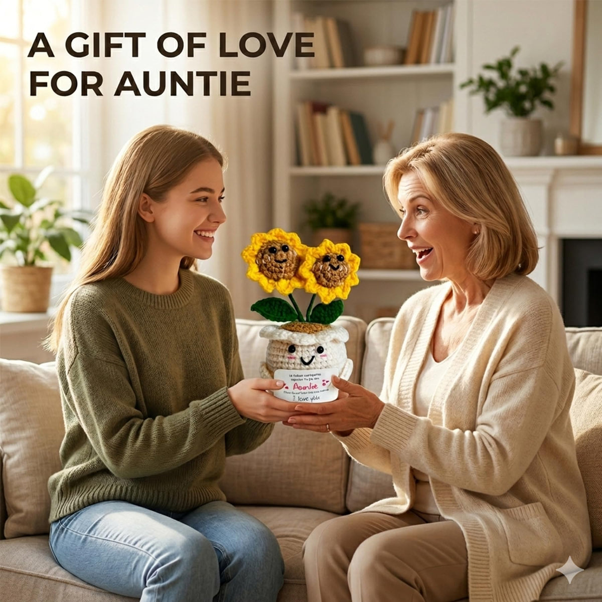Handmade Emotional Support Crochet Sunflower, Cute Amigurumi Flower Decor with Appreciation Card, Sentimental Gifts for Auntie from Niece or Nephew, Birthday Mother's Day Thank You Gift for Aunt