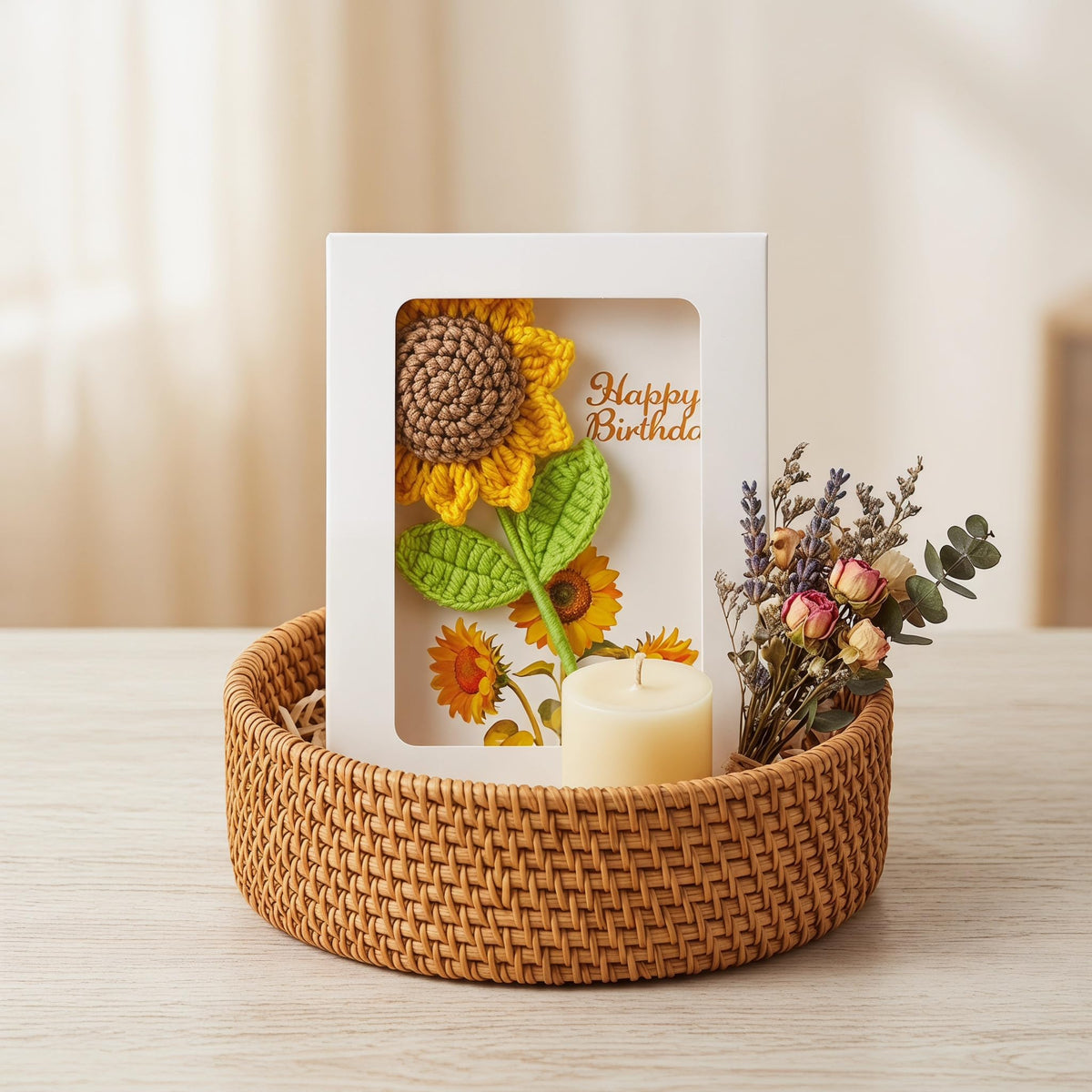 Crochet Sunflower Birthday Card with Gift Box, Handmade Knitted Flower Greeting Card with Detachable Desk Ornament, Unique Pop Up Birthday Gifts for Women, Mom, Grandma, Sister,Girls,Friends
