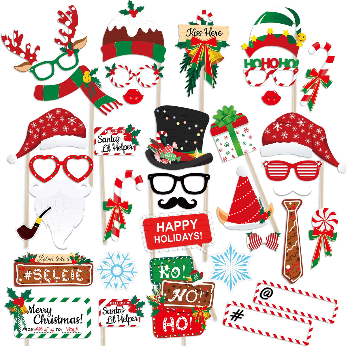 Christmas Photo Booth Props 36Pcs, Xmas Party Supplies Pose Sign