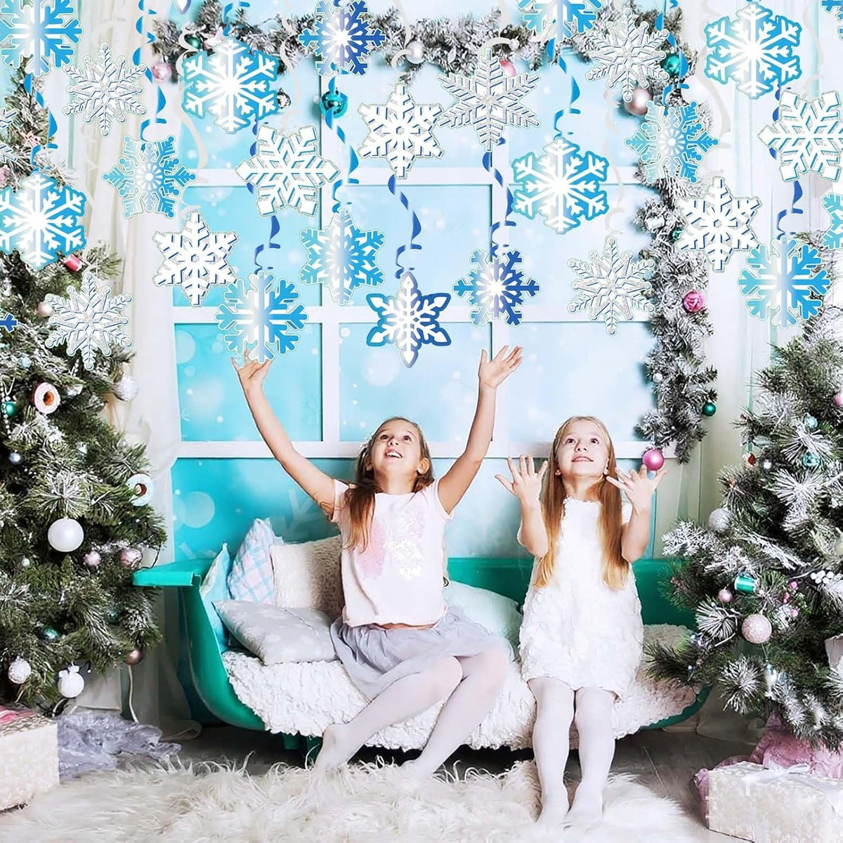 Christmas Snowflake Decorations Hanging Ceiling Swirls (30Pcs Fully-Assembled) Blue Frozen Hanging Snowflakes Winter Wonderland Decorations