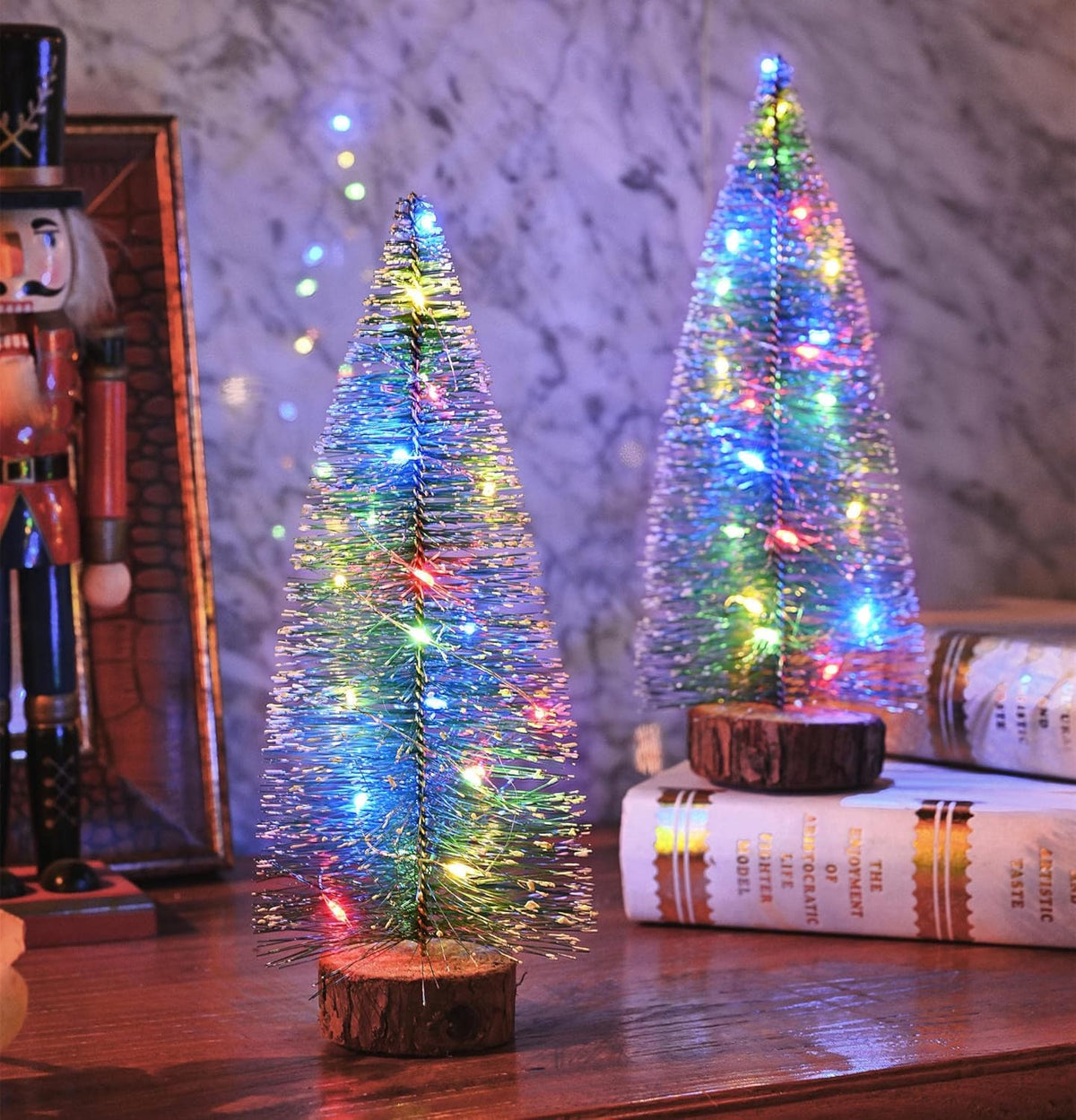 Artificial Mini Christmas Tree, Tabletop Pre-Lit Snow Frosted Xmas Tree with Wooden Bases, Best DIY Christmas Decorations for Office Table Home Xmas Holiday Party