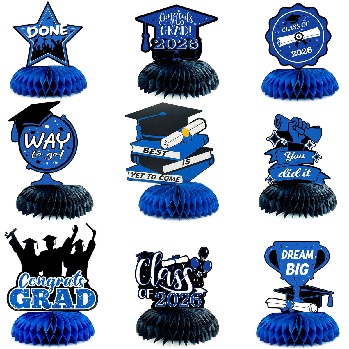 9 Pcs Graduation Honeycomb Centerpieces 2026 - Royal Blue and Black Class of 2026 Graduation Party Decorations for Tables, Blue Congrats Grad Table Toppers, 2026 Grad Supplies for College High School