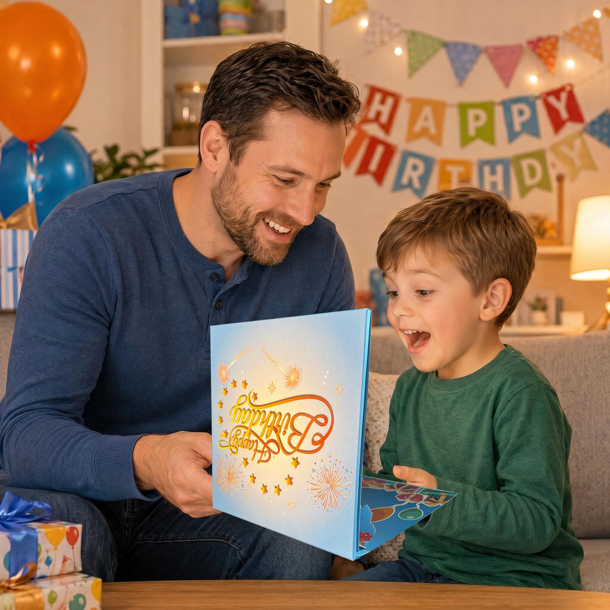 3D Pop Up Musical Birthday Card with Blow-Out Candle & Flashing LED Fireworks Lights, Interactive Light Up Happy Birthday Card with DIY 0-9 Age Numbers & Envelope, 7x7 Inch Large Greeting Card