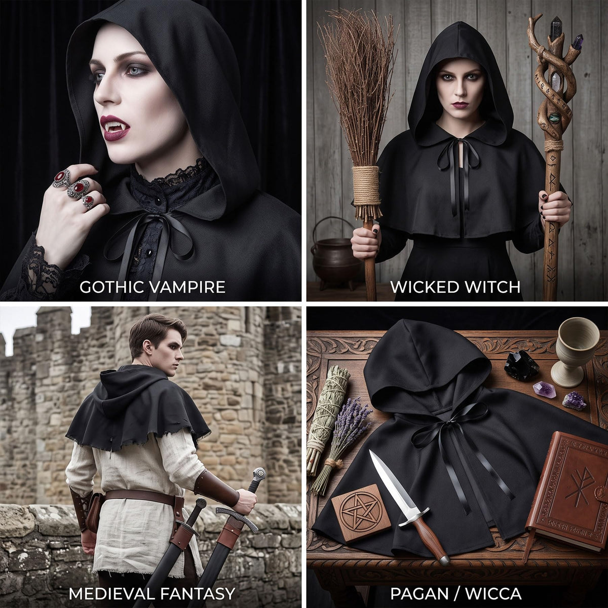 Halloween Black Hooded Cowl Cloak Cape for Halloween Cosplay Costume