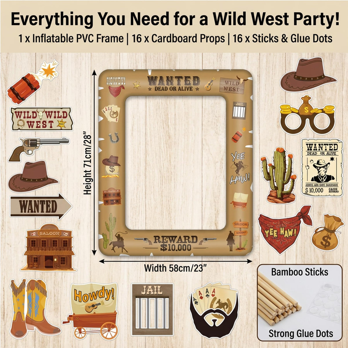 Western Cowboy Photo Booth Props 16 Pcs with Inflatable Selfie Frame, Wild West Party Decorations, Cowgirl Wanted Sign Picture Frame with Sticks for Rodeo Birthday Baby Shower Country Party