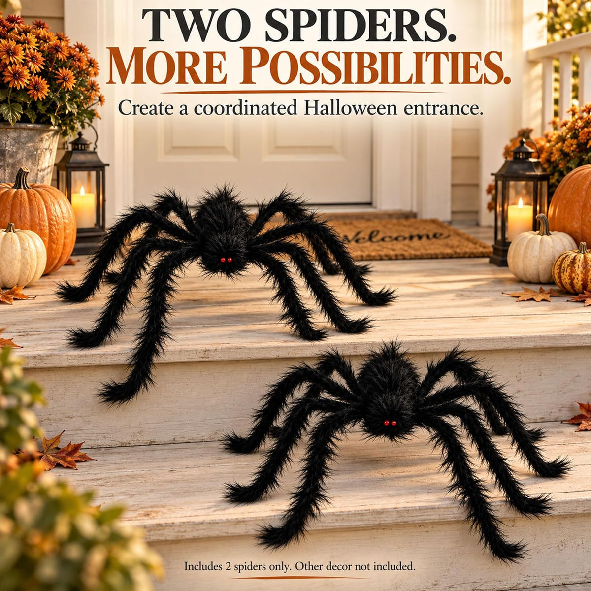 Halloween Black Spider Decorations 2 Pack Red Eyes Fuzzy Posable Legs