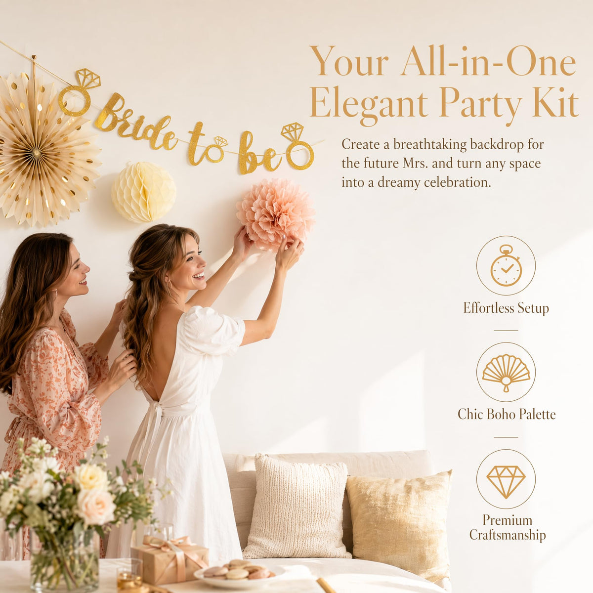 Champagne-Gold Bride to Be Decorations Kit - 26Pcs Elegant Dusty Pink Gold and Khaki Party Supplies with Pre-Strung Glittery Banner for Boho Bridal Shower, Engagement & Bachelorette Party