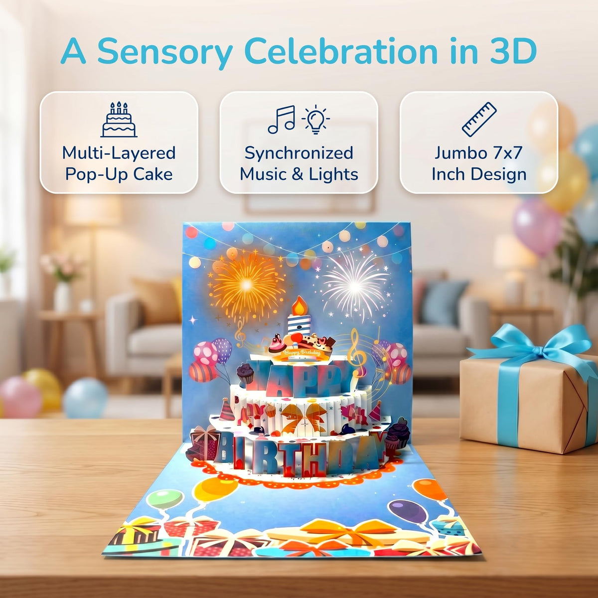 3D Pop Up Musical Birthday Card with Blow-Out Candle & Flashing LED Fireworks Lights, Interactive Light Up Happy Birthday Card with DIY 0-9 Age Numbers & Envelope, 7x7 Inch Large Greeting Card