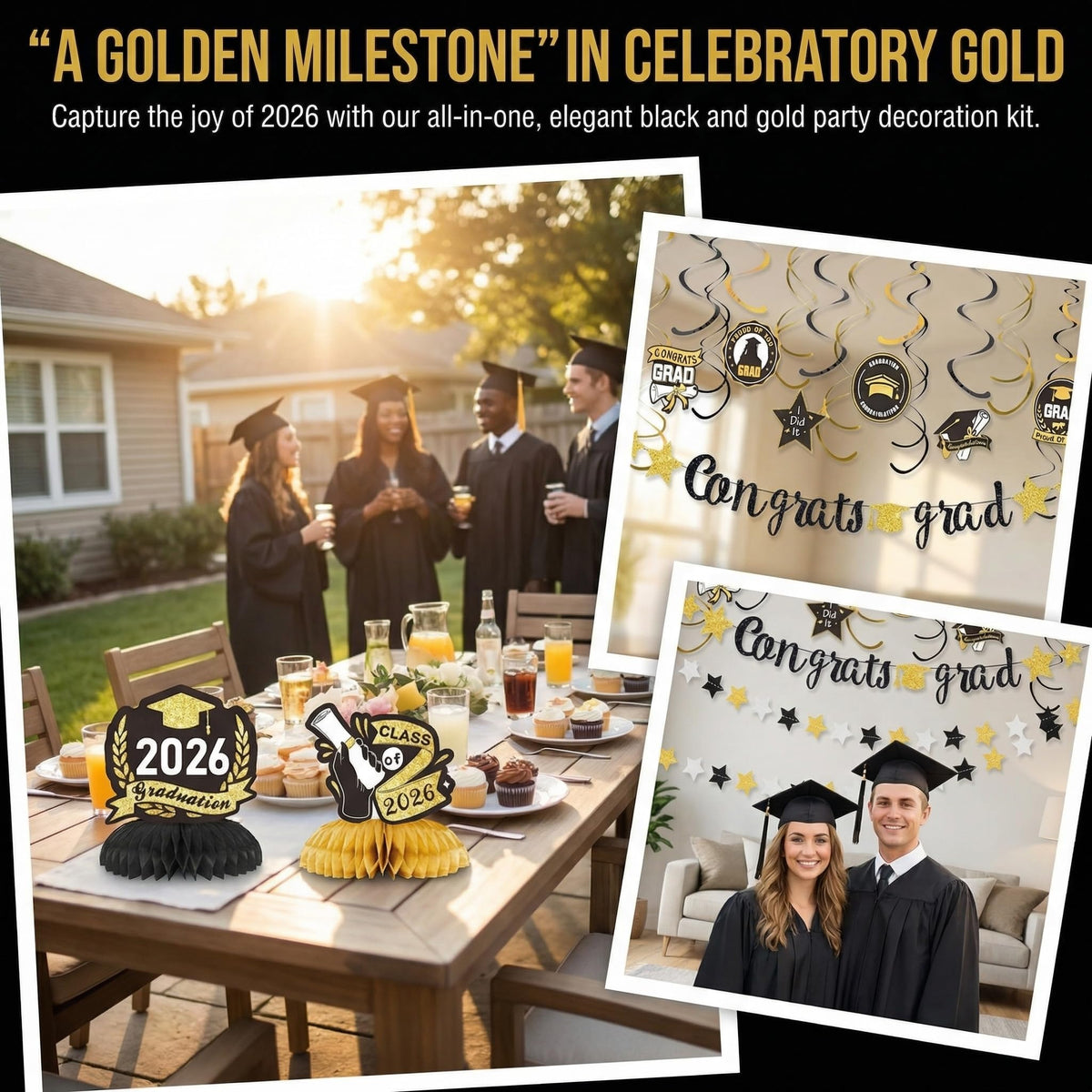 2026 Graduation Decorations,Congrats Grad Banner (Assembled) Gradutaion Centerpieces Grad Swirls with Black Gold Silver Star Garland, Class of 2026 Party Decorations,High School College