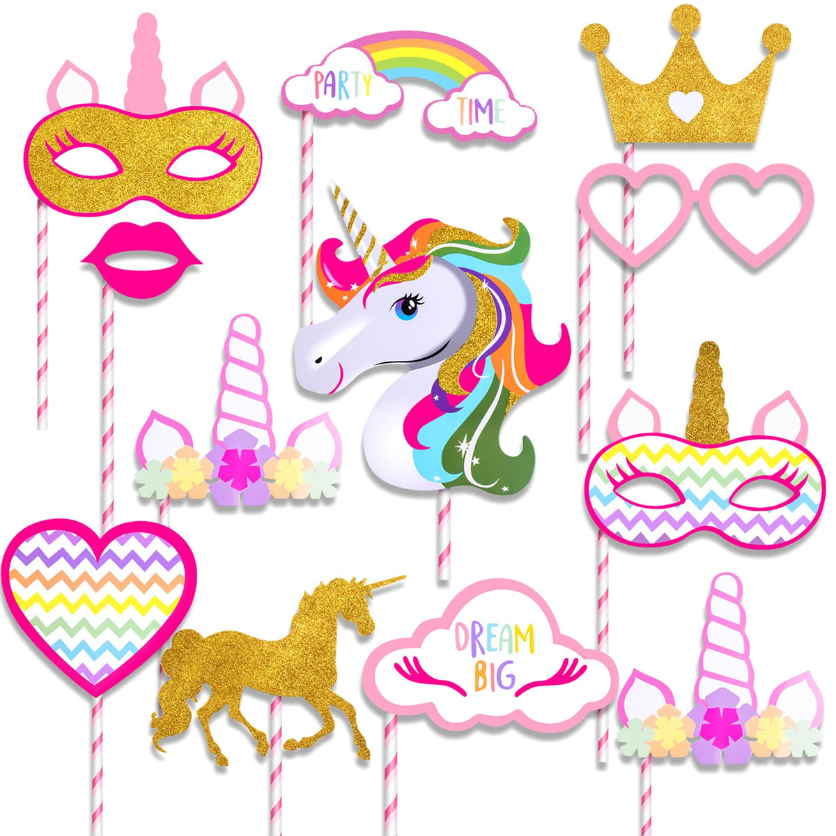 Glittery Pink and Gold Unicorn Photo Booth Props-12 PCS Fully Assembled